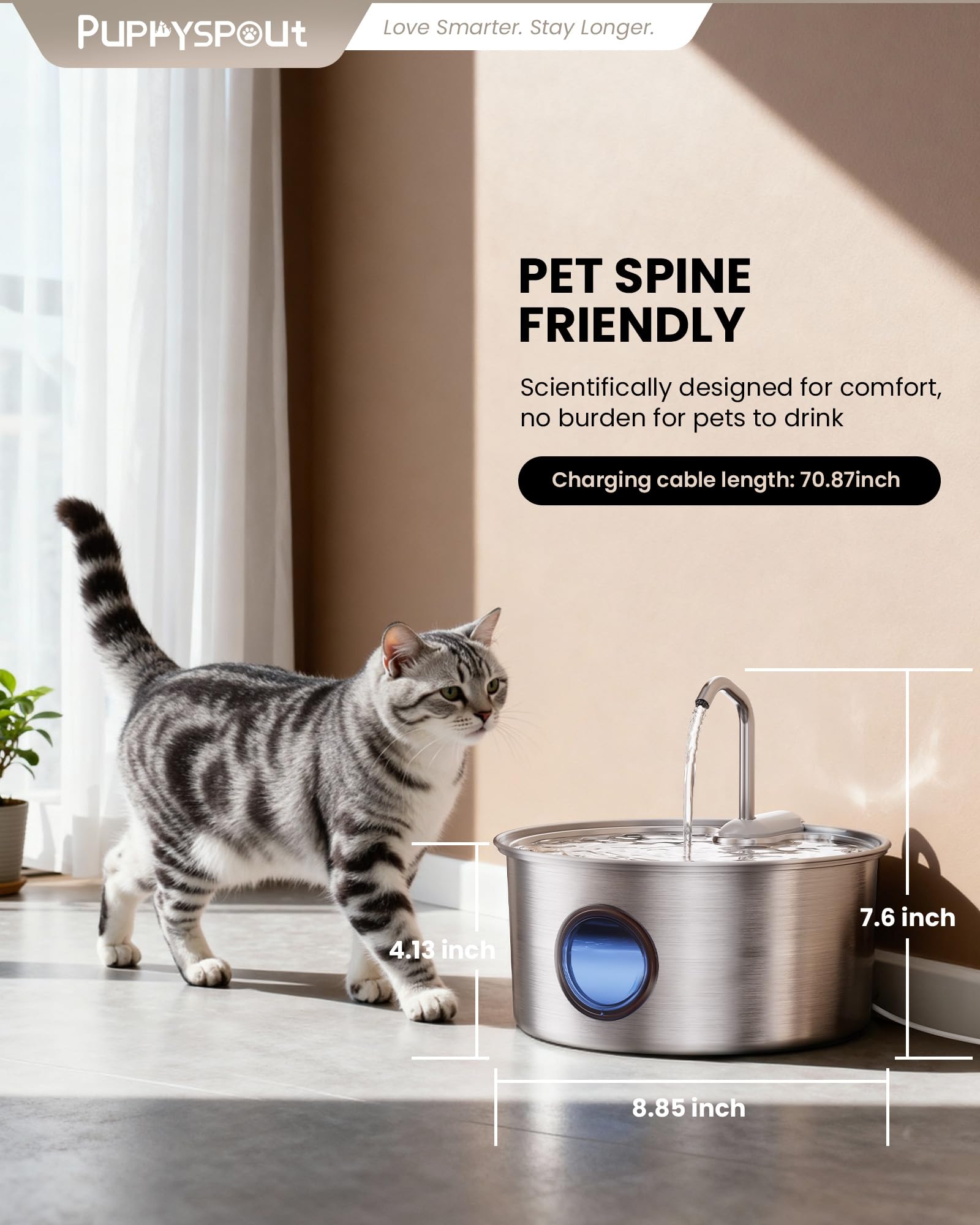 Cat Water Fountain Stainless Steel - 108oz/3.2L Automatic Cat Water Fountain for Drinking with 3PCS Filters, Metal Pet Water Fountain Water Dispenser for Cats, Puppy, Multiple Pets - image 3