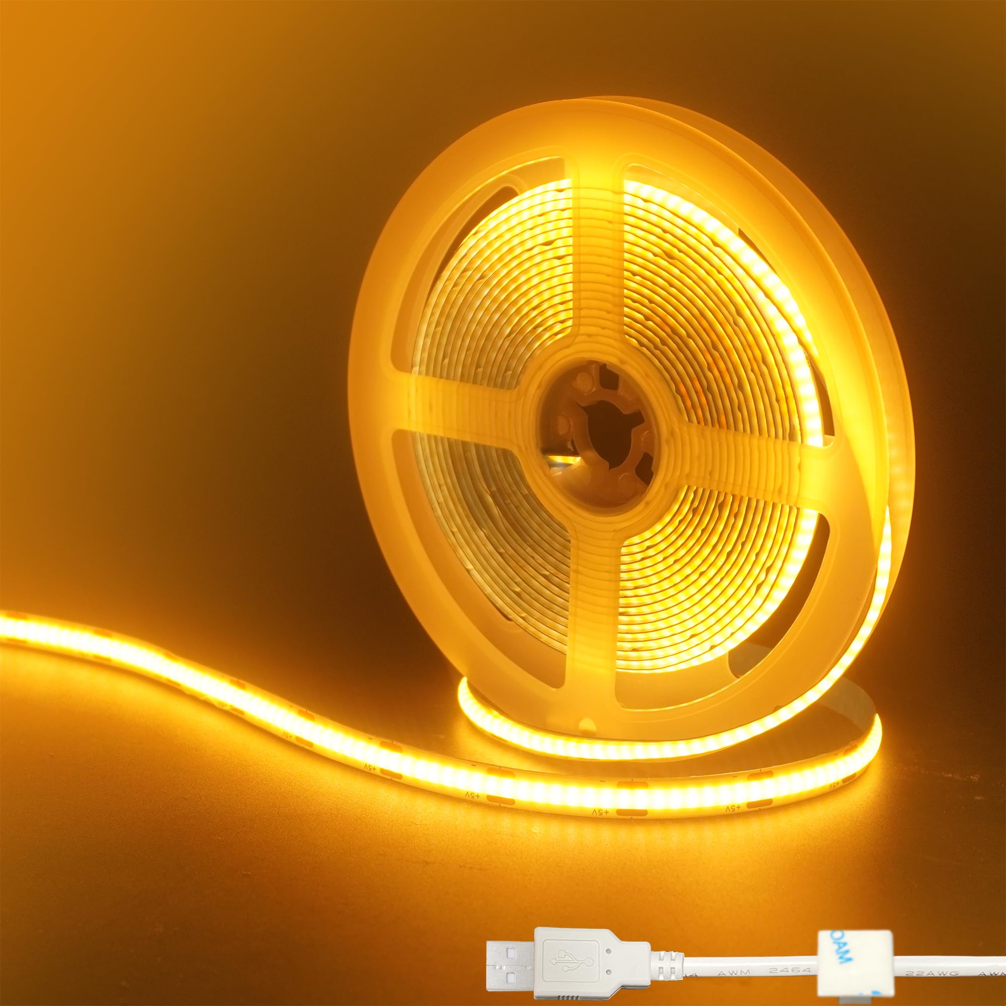 Clearhill 5V USB COB LED Strip Lights,16.4FT/5M,Orange,320LEDs/M,8mm Width,Not Waterproof IP20,1M USB Cable,Flexible LED Tape Light for DIY Home Indoor Decoration
