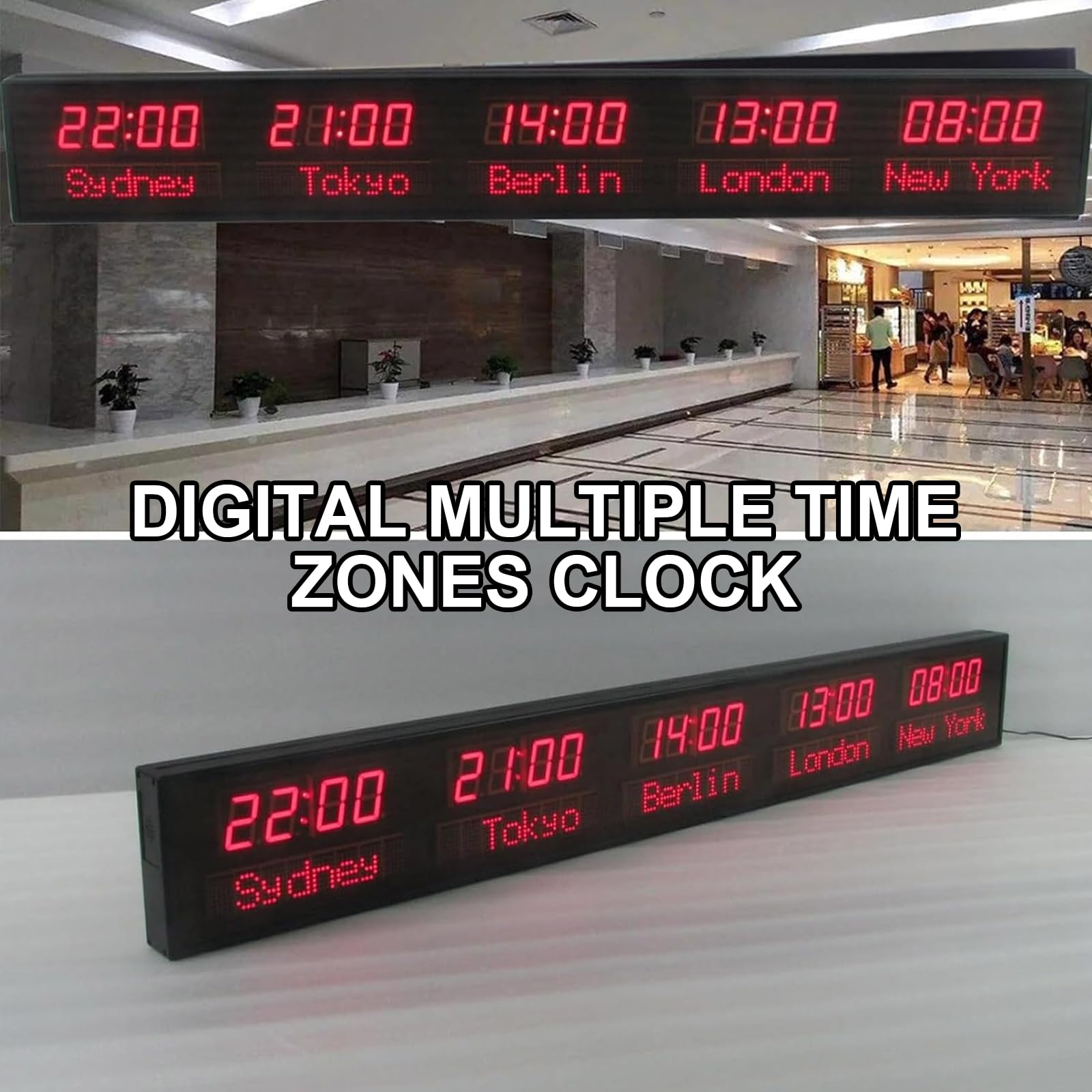 Orologio da parete digitale a 5 città con visualizzazione del fuso orario mondiale, orologio da città a LED con telecomando, possibilità di cambiare la città, luminosità regolabile su tre livelli