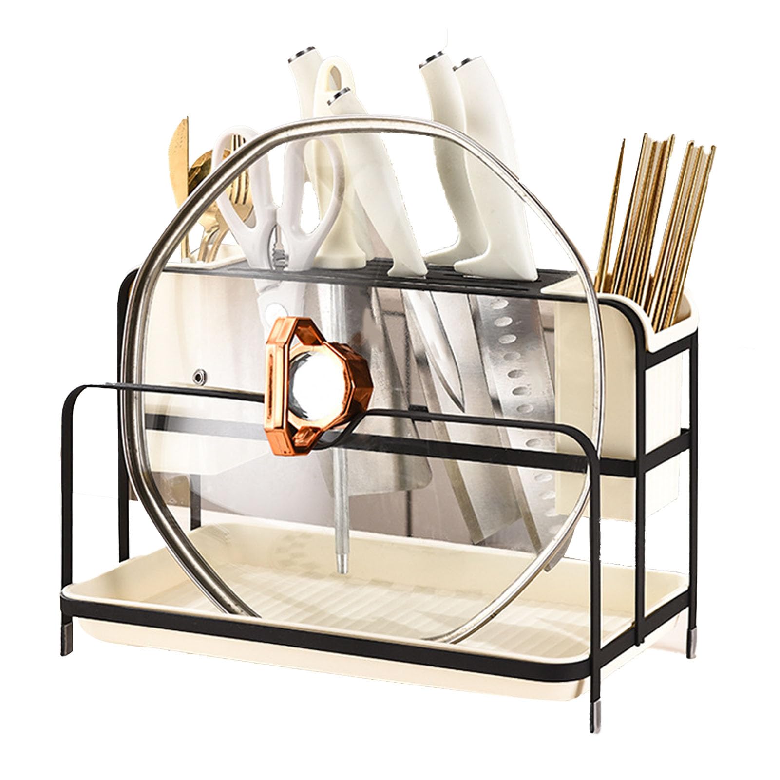Porte - Baguettes Égouttoir, Support D'ustensiles De Cuisine Multifonctionnel En Acier Carbone Et PP Avec Bac De Récupération, Organisez Baguettes Cuillères Fourchettes Pour Maison (Noire)