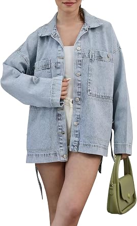TodTan Vintage Distressed Denim Jacket for Women - Light Blue and Black Stretch Comfort Pre-Shrunk Washed Casual Coat