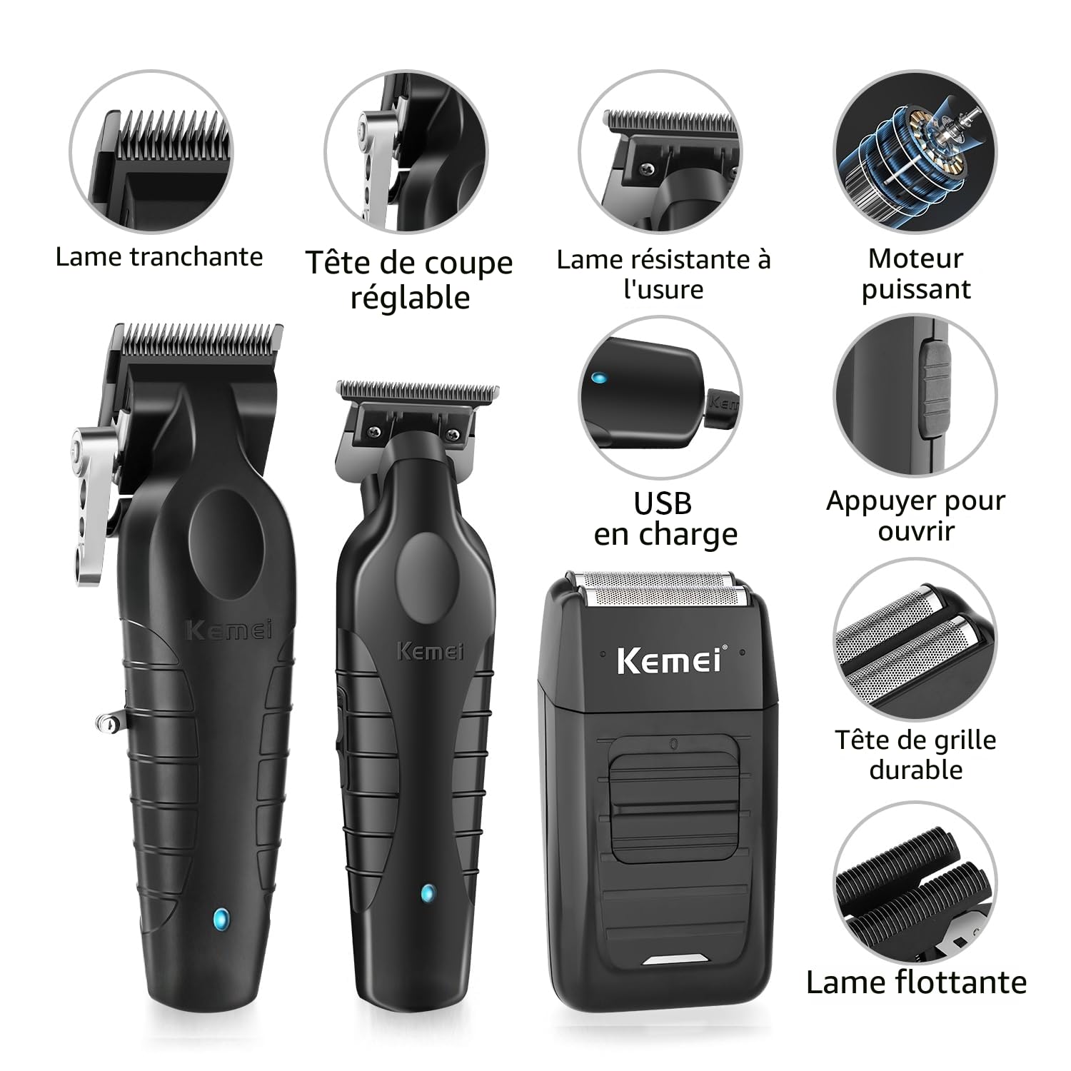 KEMEI Tondeuse à cheveux professionnelle sans fil pour homme, rasoir électrique en aluminium, kit de coupe