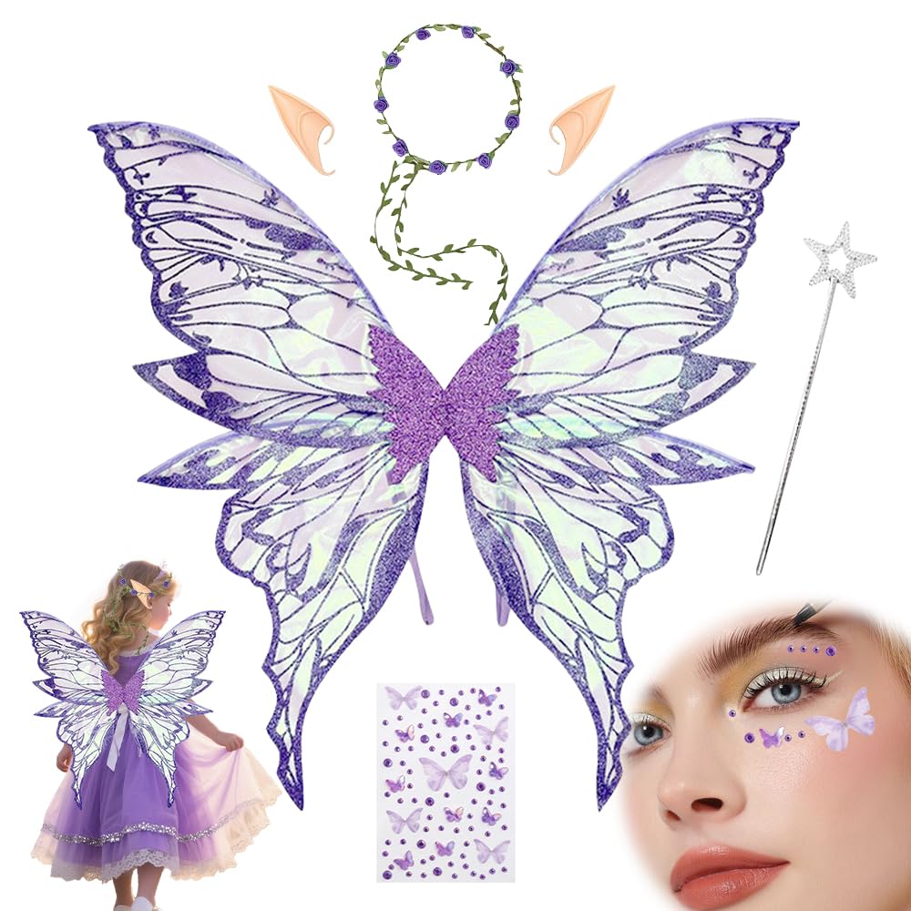 XEERUN Fairy Wings for Girls Women, Butterfly Wings for Adults, Butterfly Elf Dress up Set, Fairy Wand Crown Ears for Halloween Costume, Bride Flower Boy Accessories, Dress Up Cosplay Party (Purple)