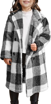 Meikulo Girls Plaid Fleece Jacket Kids Sherpa Long Winter Coats Lapel Fashion Outerwear 5-14 Years