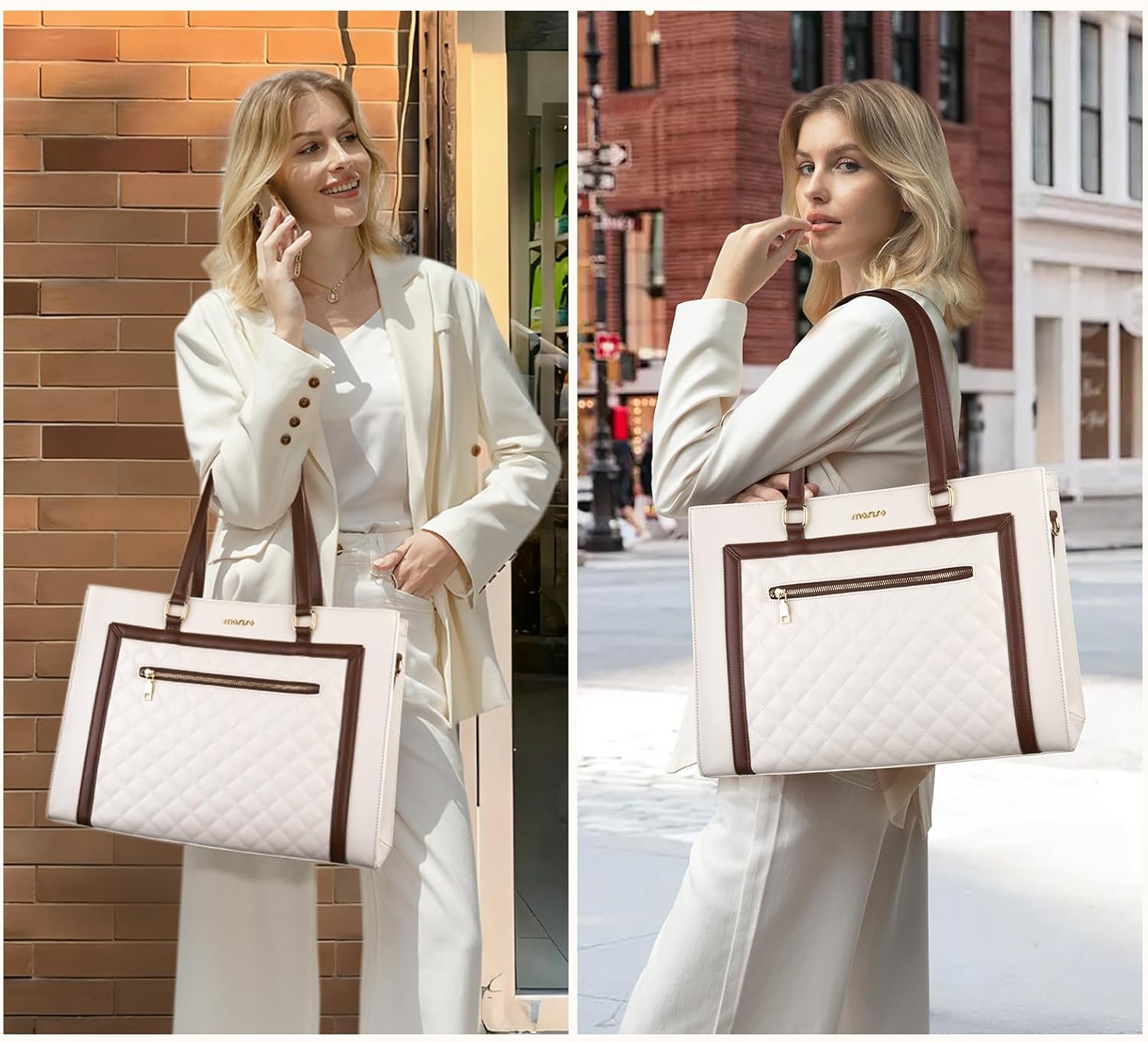 MOSISO Laptop Tote Bag for Women, 15.6 inch PU Leather Rhombus Quilted Tote Crossbody Handbag, Large Capacity Waterproof Briefcase Shoulder Computer Bag for Teacher College Work Business Office, Brown