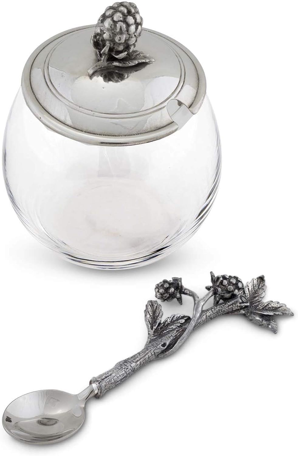 Vagabond House Pewter Blackberry Raspberry Jam Jar Pot with Spoon 5 inch Tall 12 oz