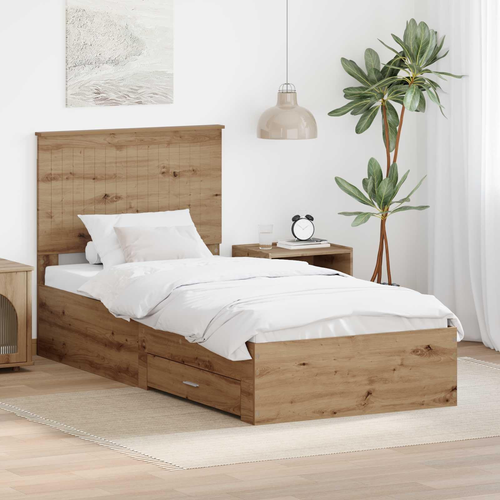 Marco de cama con cabecera, roble artesanal, 90 x 200 cm, hecho de material derivado de la madera, moderna cama de almacenamiento, con cajones, espacio de almacenamiento y diseño elegante