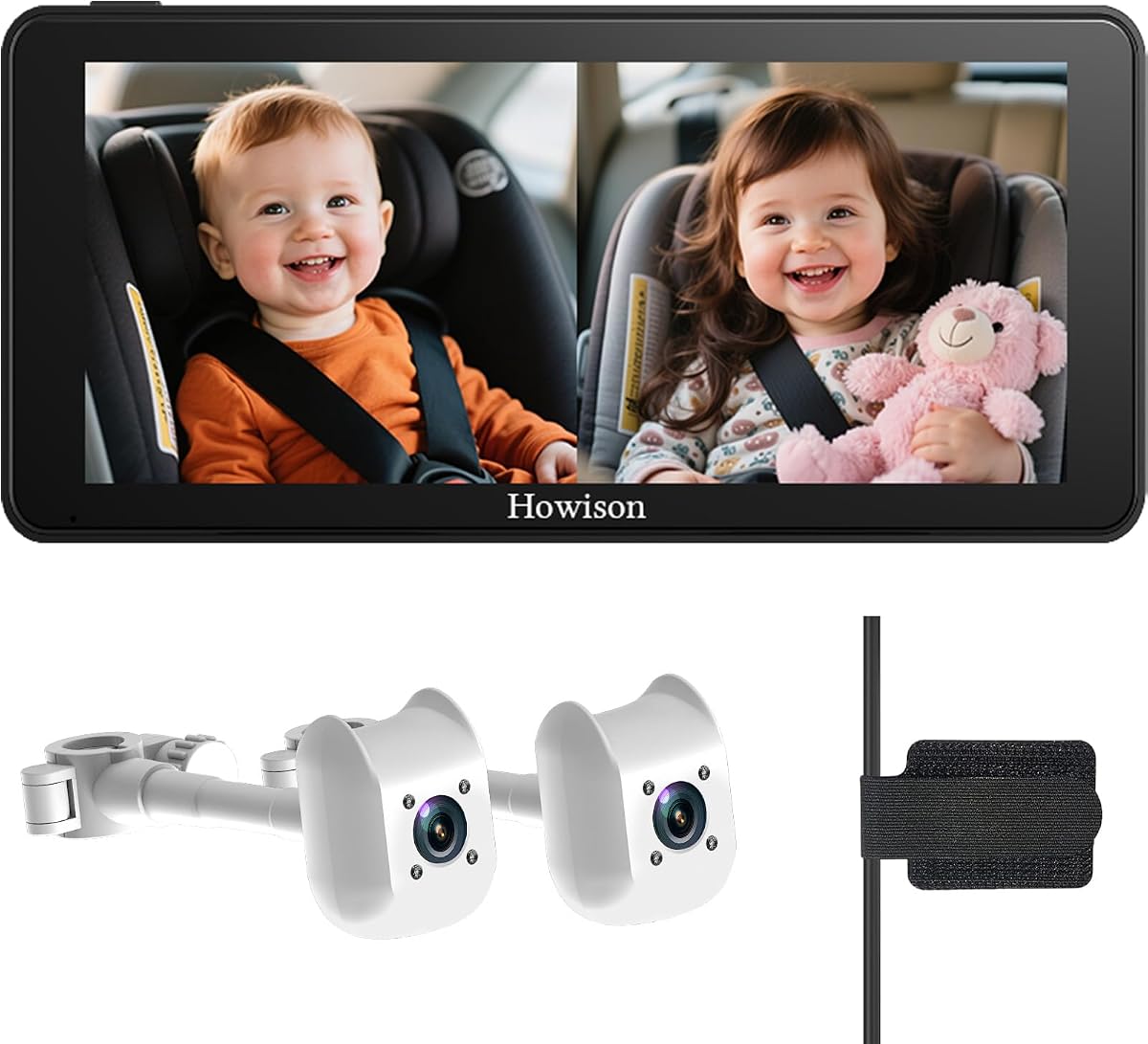 Monitor para bebé con cámara dual para automóvil de 6.86 '', cámara para automóvil para bebé 1080P con visión nocturna por infrarrojos, gran angular de 150 °, alimentación por USB, fácil de instalar, monitoreo del asiento trasero en tiempo real, seguridad para niños y recién nacidos