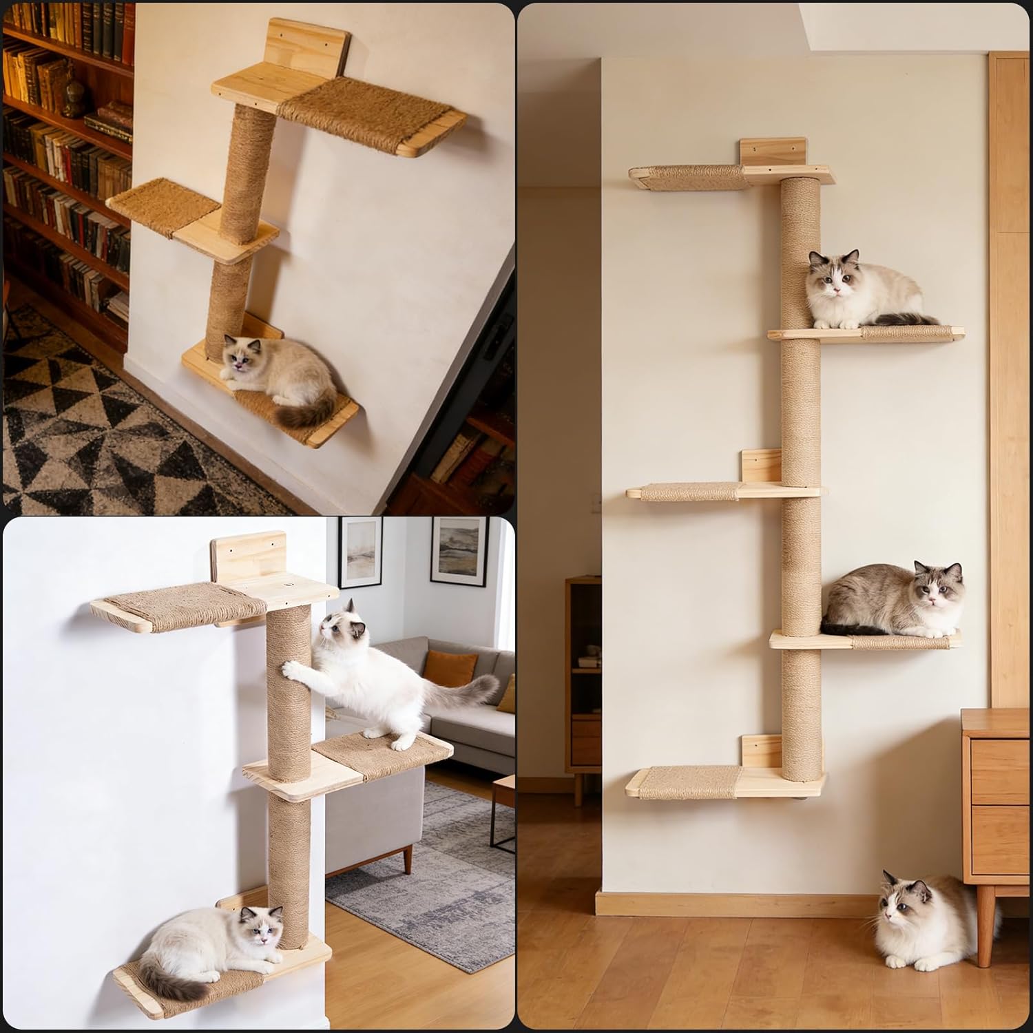 Tall Cat Tree 50inch, 4 Tier Wood Cat Tree Tower with Natural Jute Rope, Cat Wall Shelves Wall-Mounted Scratching Post Adjustable Cat Tower for Indoor Cats (4-Tier Cat Tree, Natural Jute Color)