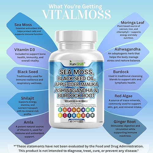 Miniatura 4 de Complejo de musgo marino  con aceite de semilla negra, shilajit, amla, moringa, cúrcuma, ashwagandha y bardana  enriquecido con vitamina C, D3,