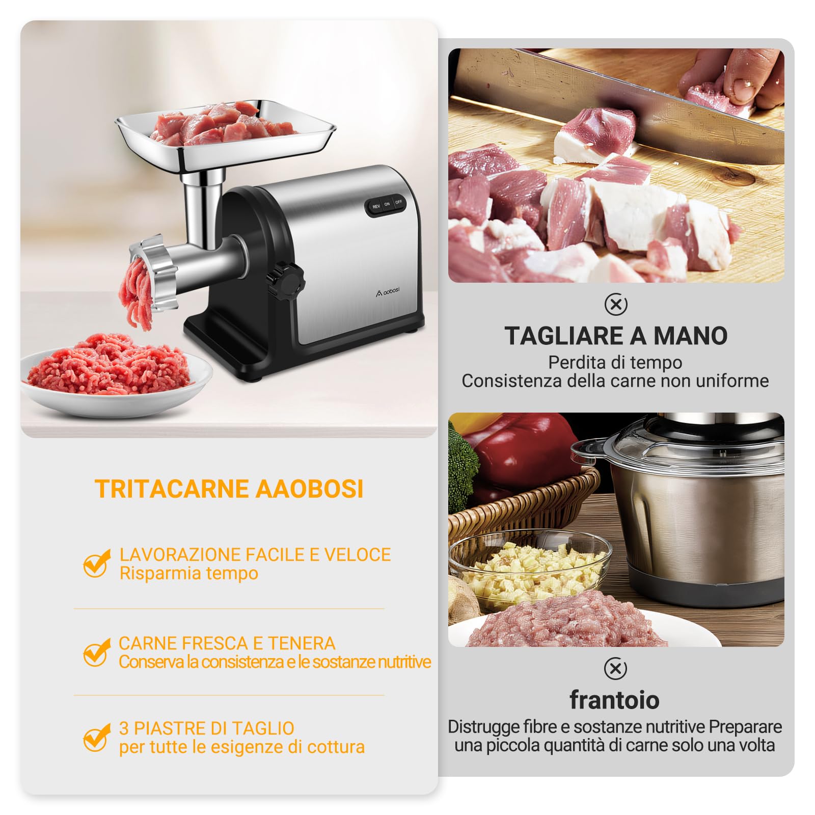 Tritacarne Elettrico AOBOSI 3-In-1 Tritacarne Con 3 Dischi Di Macinazione In Acciaio Inox, 1 Kubbe e 3 Tubi Per Insaccati. Calibro 12 e motore [3000w Max], tritacarne Elettrico Professionale Con Lame.