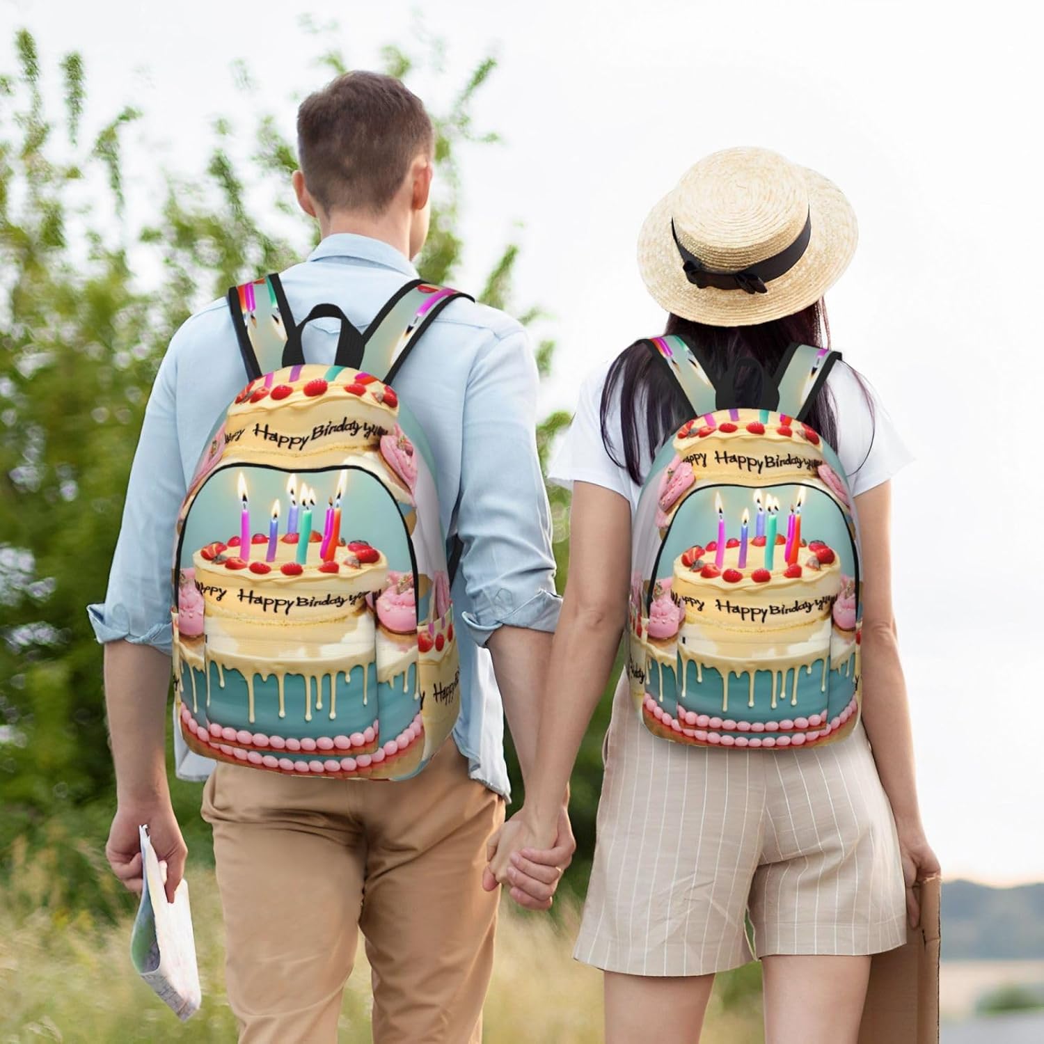 Happy Birthday Big Cake Print Canvas Laptop Backpack Outdoor Casual Travel Bag Daypack Book Bag For Men Women