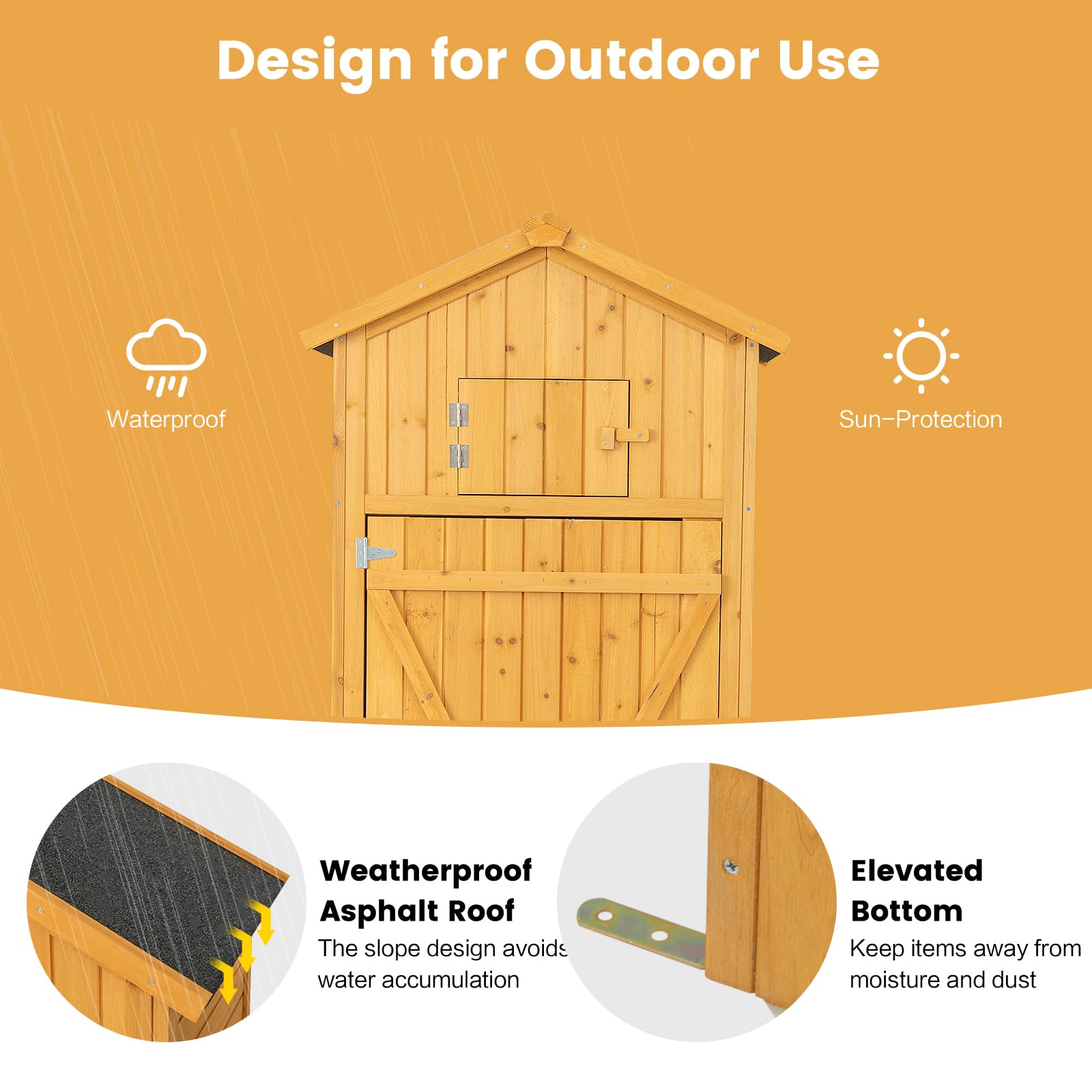 KOMFOTTEU Casetta da Giardino in legno, Capanno per Attrezzi Multifunzione, Armadietto da Giardino con Tetto a 2 Falde, Scaffale, Tavolo Pieghevole, 65 x 42 x 180,5 cm, Colore Naturale