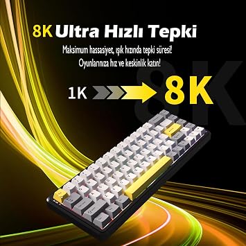 Coverzone Ajazz AK680 Max%68 Manyetik Switch Oyuncu Klavyesi, Coiled Kablo, 3000mAh, 8000Hz Kablolu-1000Hz Kablosuz Polling Rate, RGB Arkadan Aydınlatmalı Mekanik Klavye (Beyaz Lacivert)