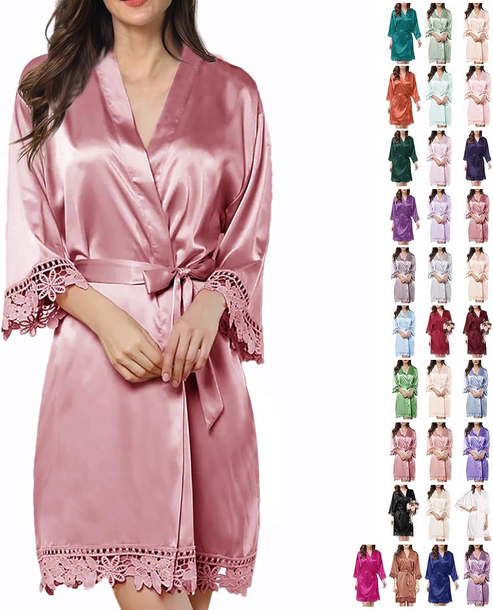 Womens Silk Robe Satin Robe Silky Kimono Lace Bathrobe Wedding Dressing Gown For Bridal Bride Bridesmaid Robes