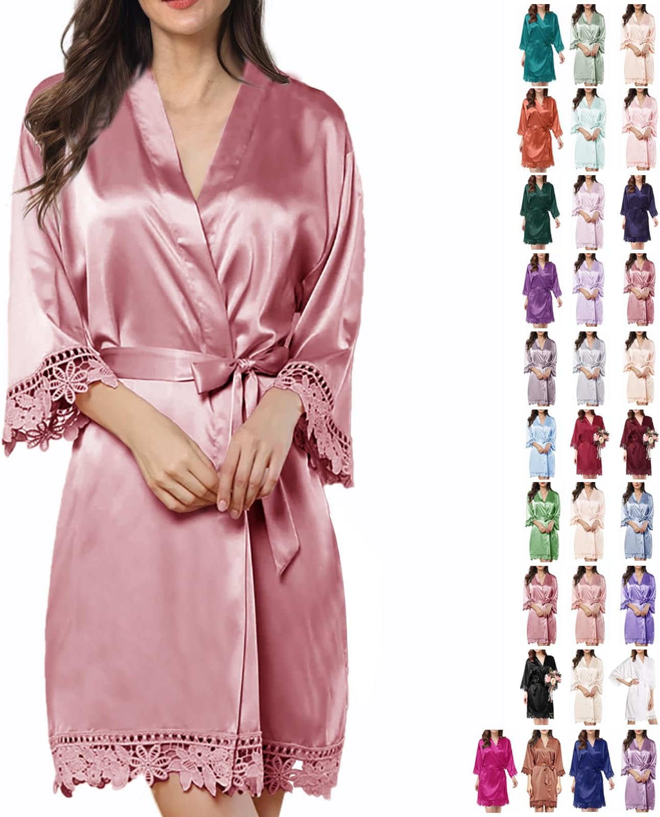 Womens Silk Robe Satin Robe Silky Kimono Lace Bathrobe Wedding Dressing Gown For Bridal Bride Bridesmaid Robes