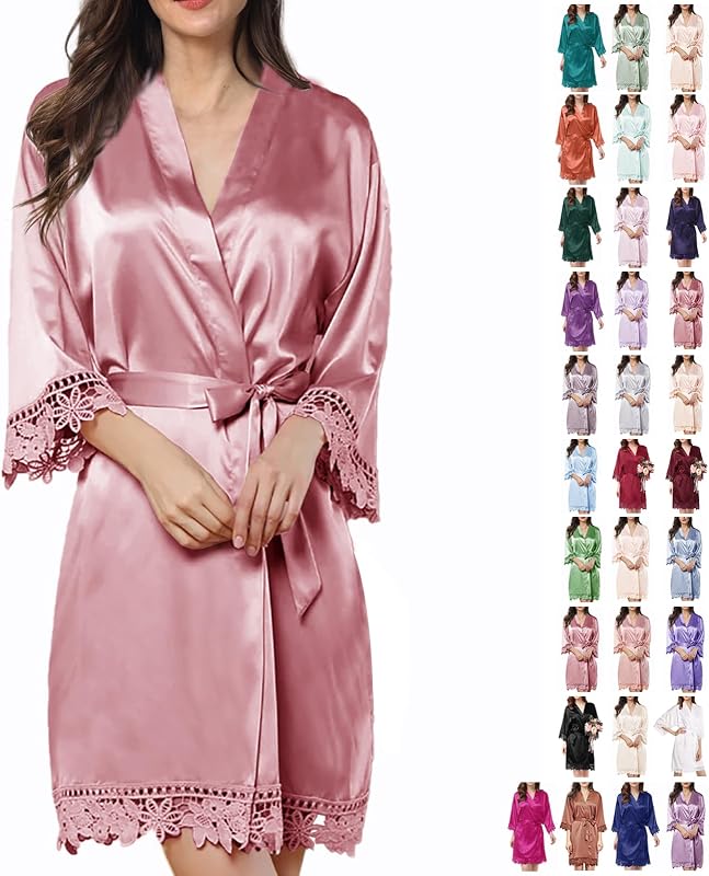 Womens Silk Robe Satin Robe Silky Kimono Lace Bathrobe Wedding Dressing Gown For Bridal Bride Bridesmaid Robes