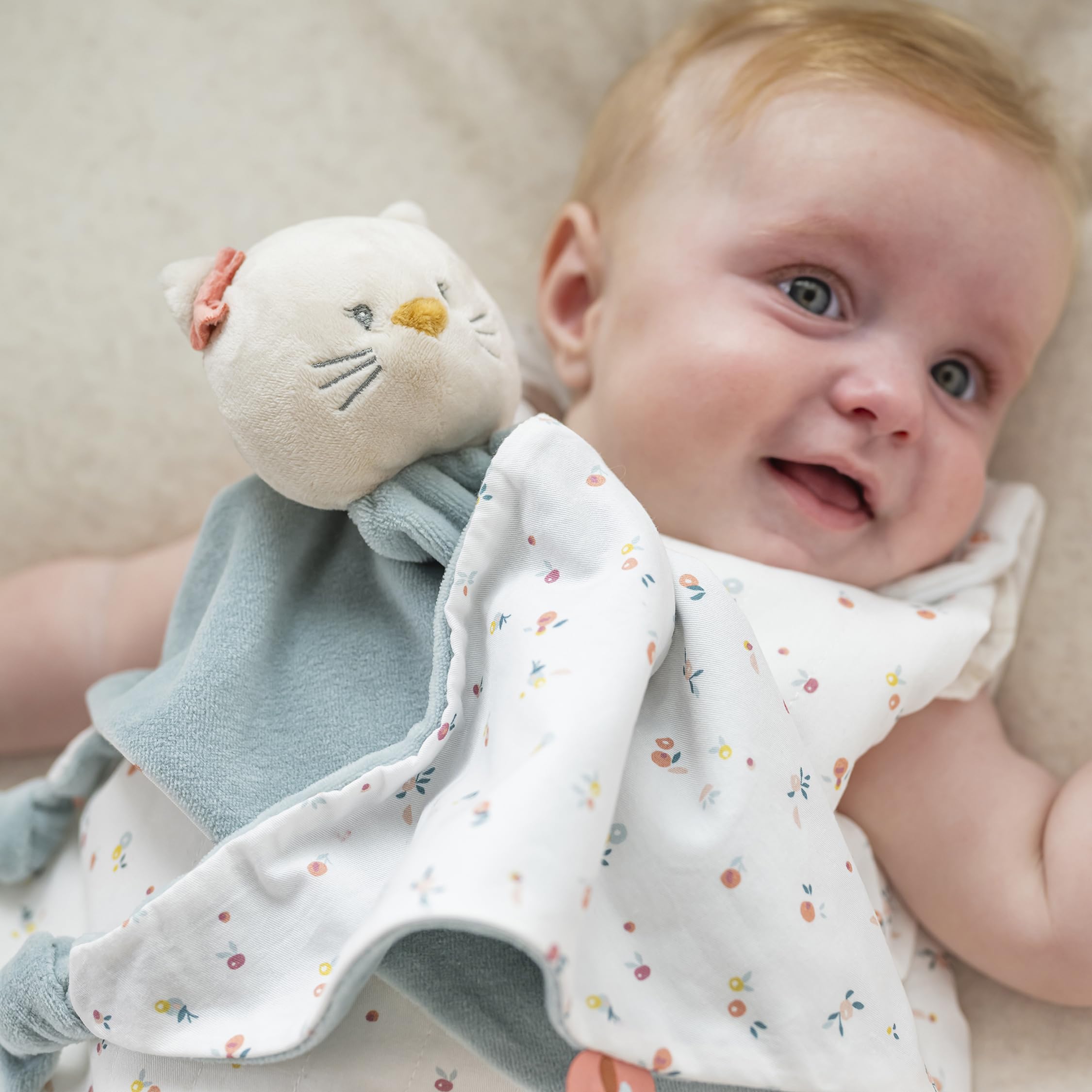 Nattou Maxi-Doudou Plat en Coton et Velours, Doudou Lana la Chatte, Compagnon de Route dès la Naissance, env. 65 x 40 cm, Mila, Zoë et Lana, Bleu Clair