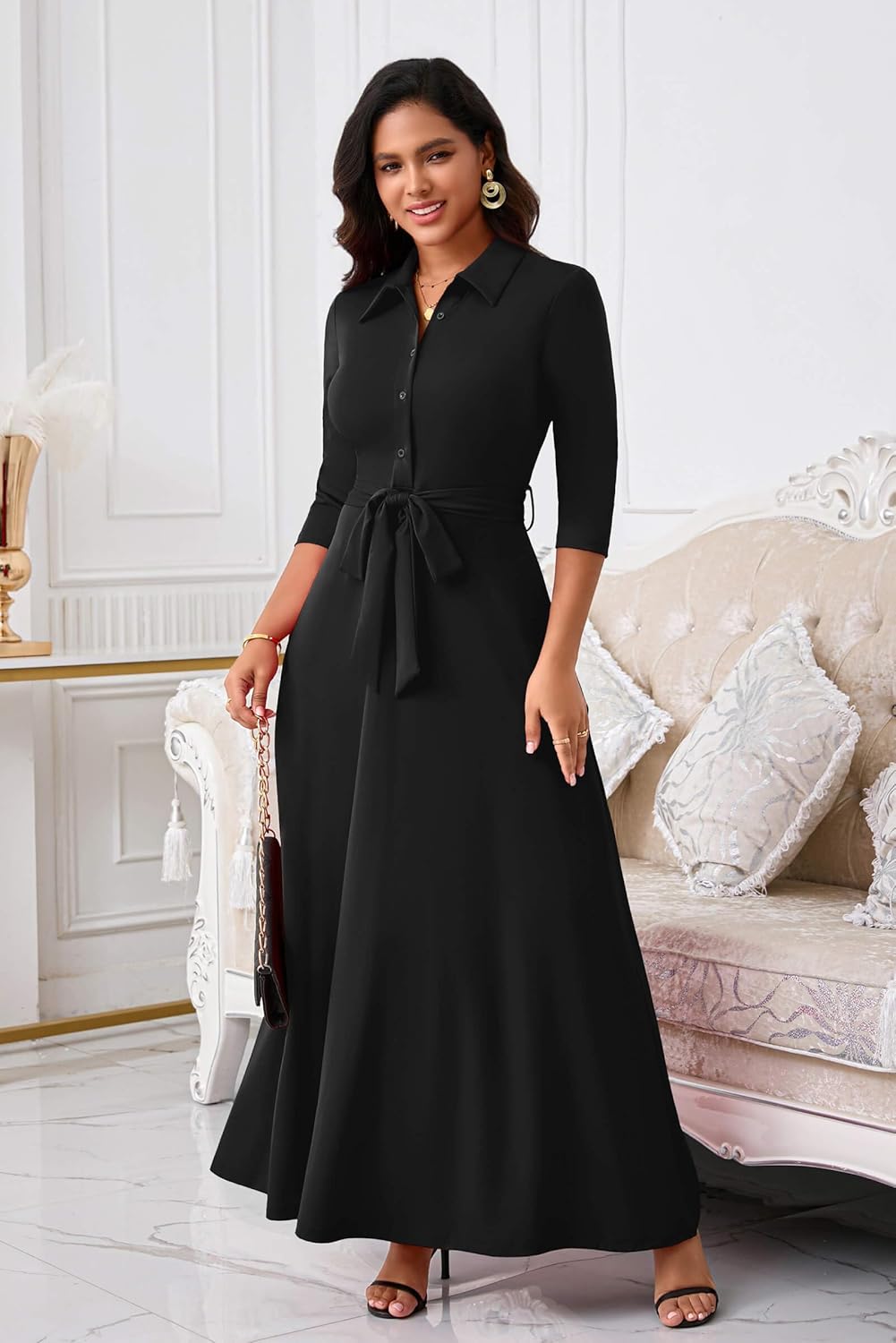 Runwind Women Church Maxi Dresses 3/4 Sleeve Button Down Print Casual Office Dress African - Image 4