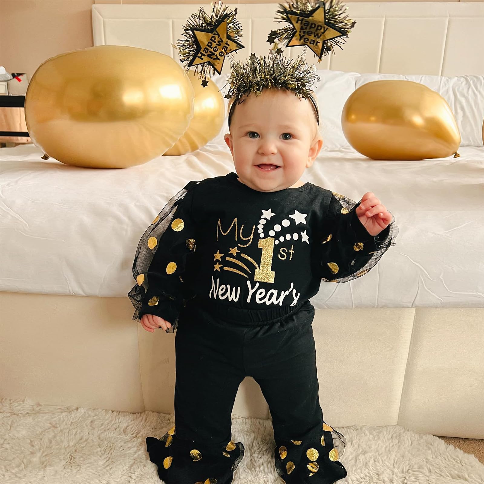 Saliuentm New Years Baby Girl Outfit Long Sleeve Letters Romper Bell Bottoms Pants My First New Years Baby Girl Outfit Clothes 3Pcs (A-Black,0-3 Months)