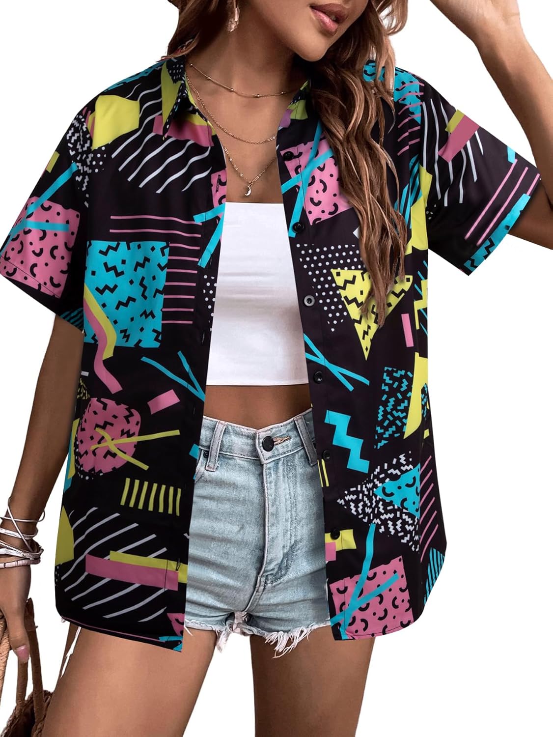 80s 90s Outfits for Women 80's Retro Theme Party Shirt 80s Hawaiian Shirt Neon Hawaii Button Down Short Sleeve Tops