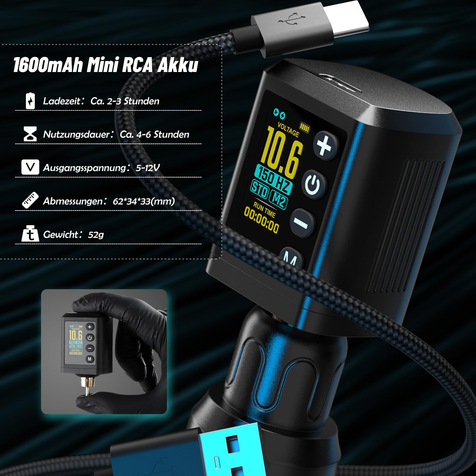 RHEIN Tattoo Maschine Set mit 1600mAh Mini Akku 4 Memory-Modi STD/NPS | 10 Tattoo Nadeln 7 Tattoo Farbe Komplettes Tattoo Zubehör Set