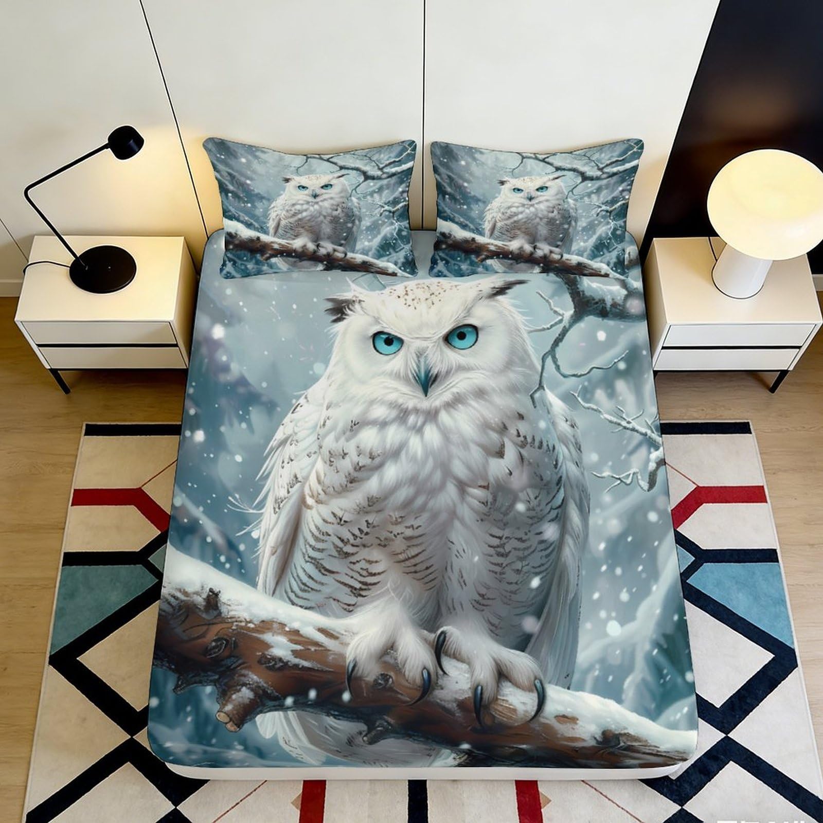 3D Printed Snowy Owl Fitted Sheet Microfiber Soft Unique Winter Forest Bed Cover for Bedroom Dorm Decor 90x200x25cm