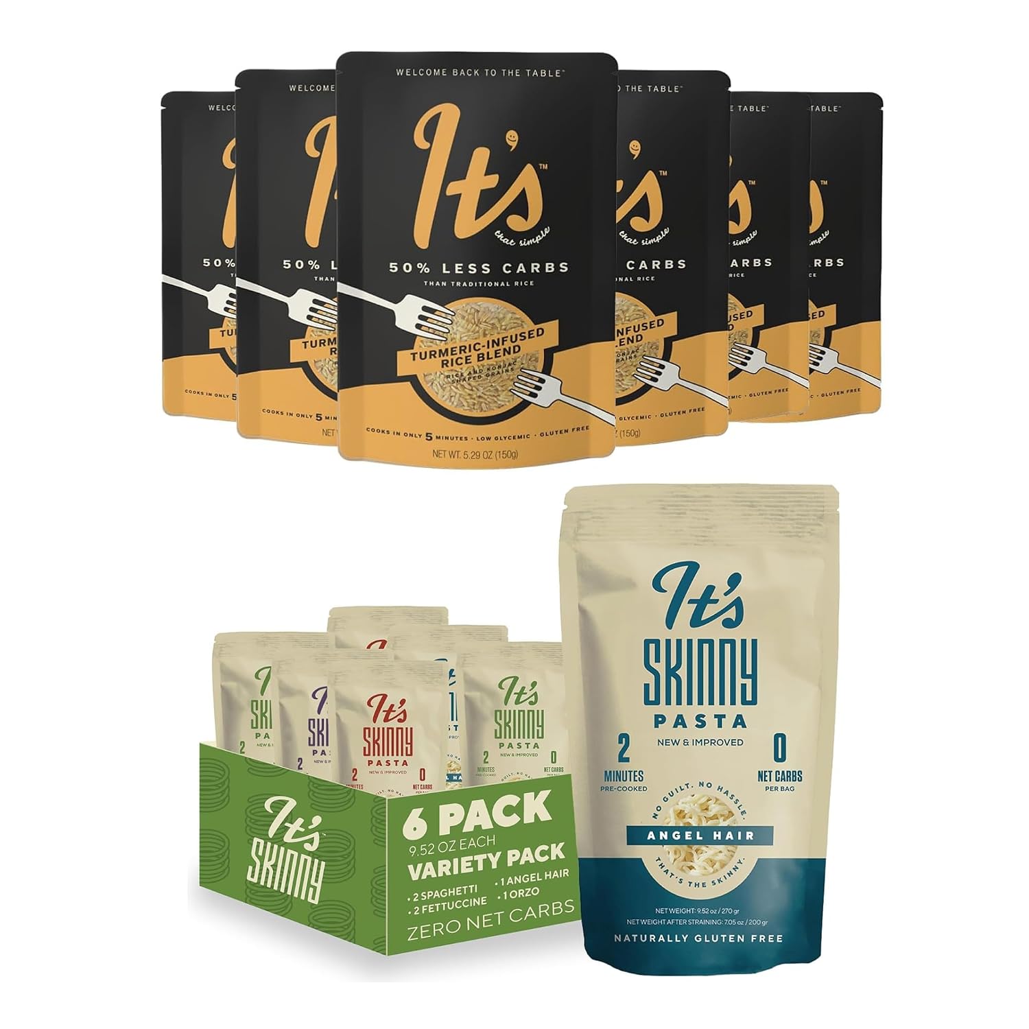 It's That Simple Golden Harmony Duo - Turmeric Infused Rice Blend & Pasta Variety Pack Bundle from It's Skinny, 50% Less Carbs, Certified Gluten-Free, Non-GMO & Vegan, Cooks in 5 Minutes