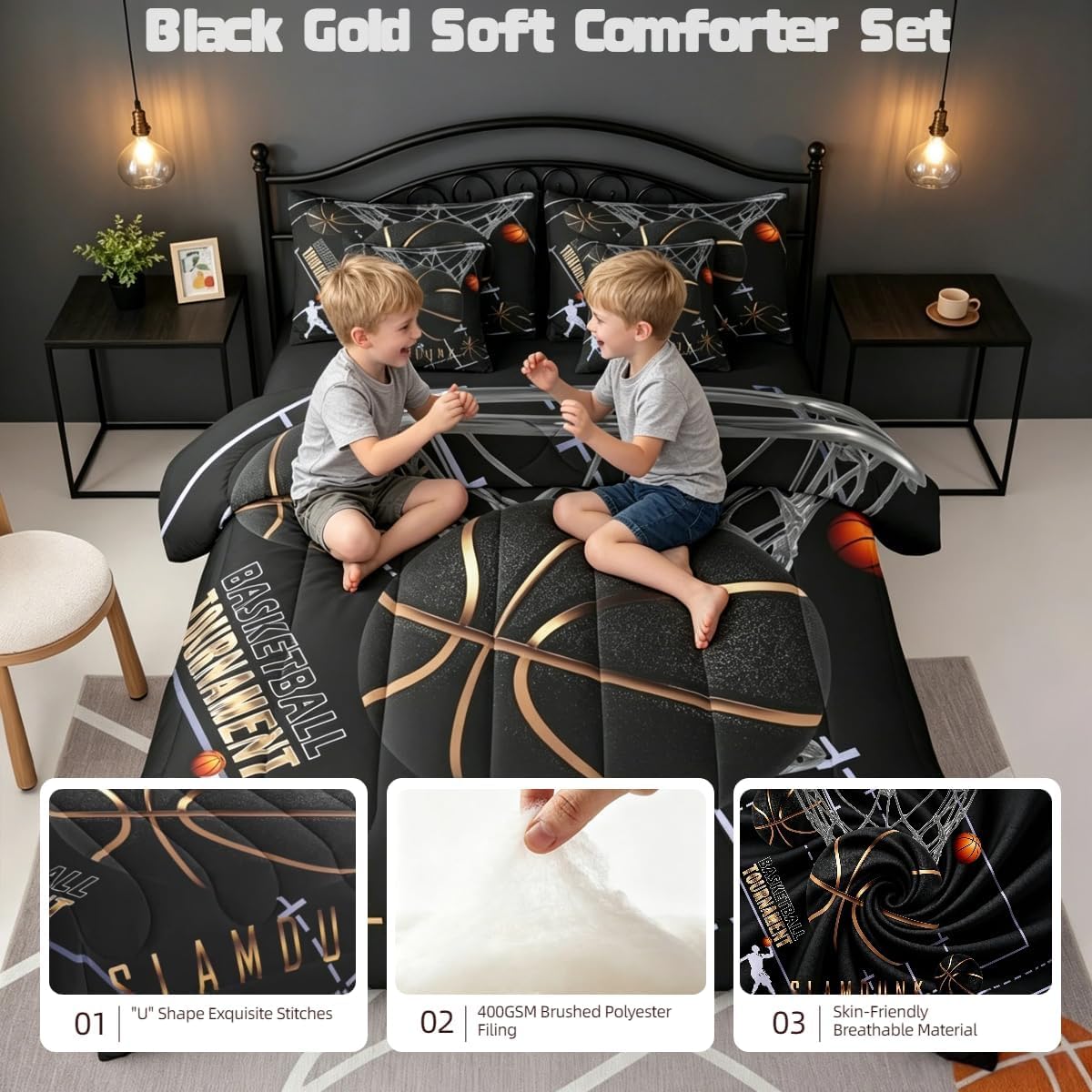 Erosebridal Basketball Court Bedding Sets 7 Piece Twin Size, Basketball Comforter Set for Teen Boys Kids Men Bedroom Decor, Sportsman Slam Dunk Bed in A Bag Sports Games Sheet Set with Comforter