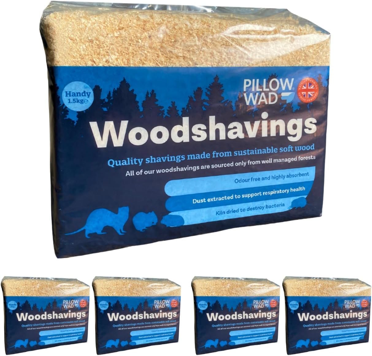 Pack 5 Pillow Wad Wood Shavings 7.5kg Kiln Dried | Dust Extracted Small Animal Bedding Premium Quality | Soft & Absorbent Pet Bedding for Rabbits, Guinea Pig, Hamster, Sawdust & Other Small Pets.