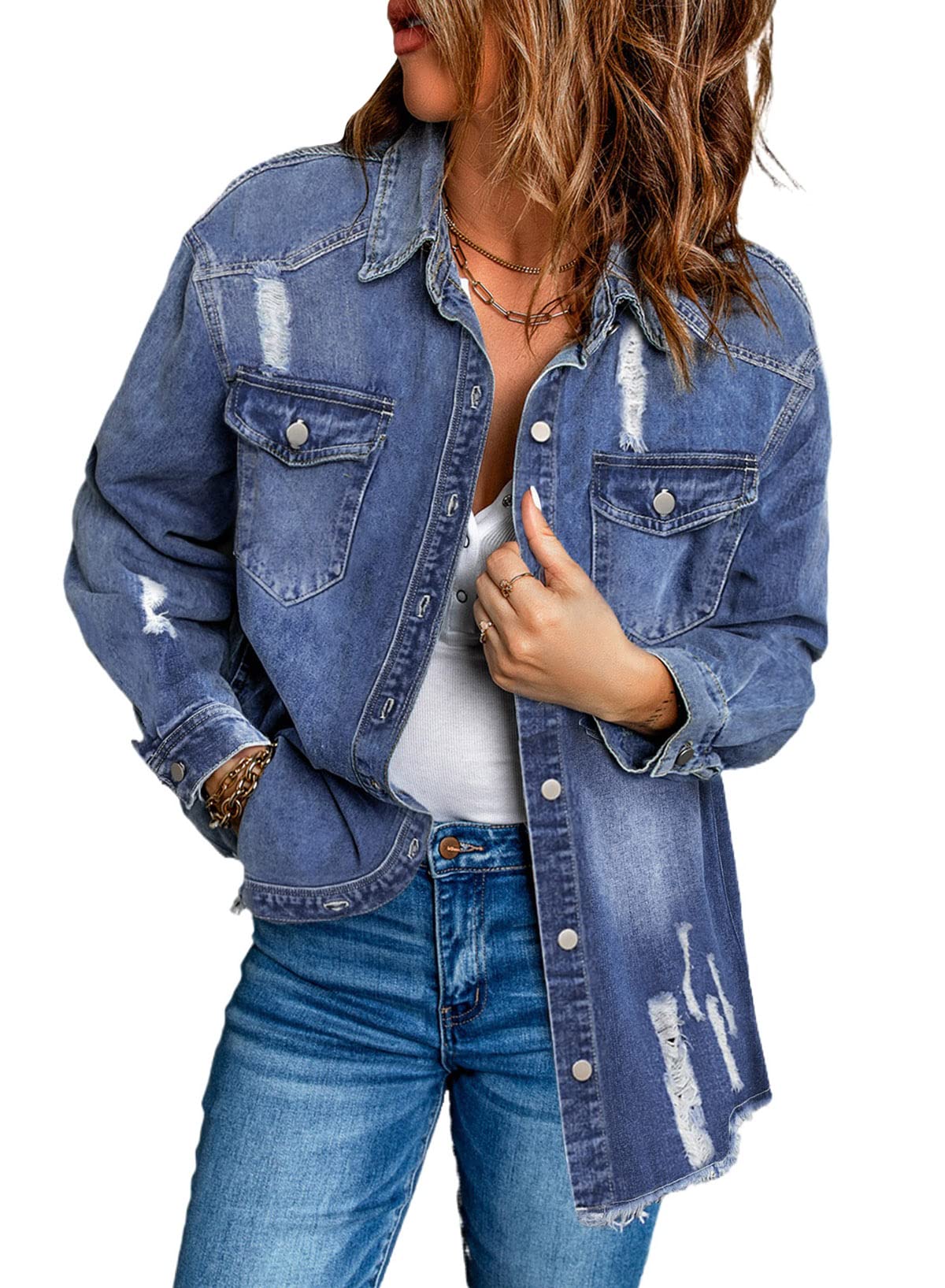 DokotooWomen's Oversized Denim Jacket Casual Long Boyfriend Distresse Jean Jacket Autumn Spring