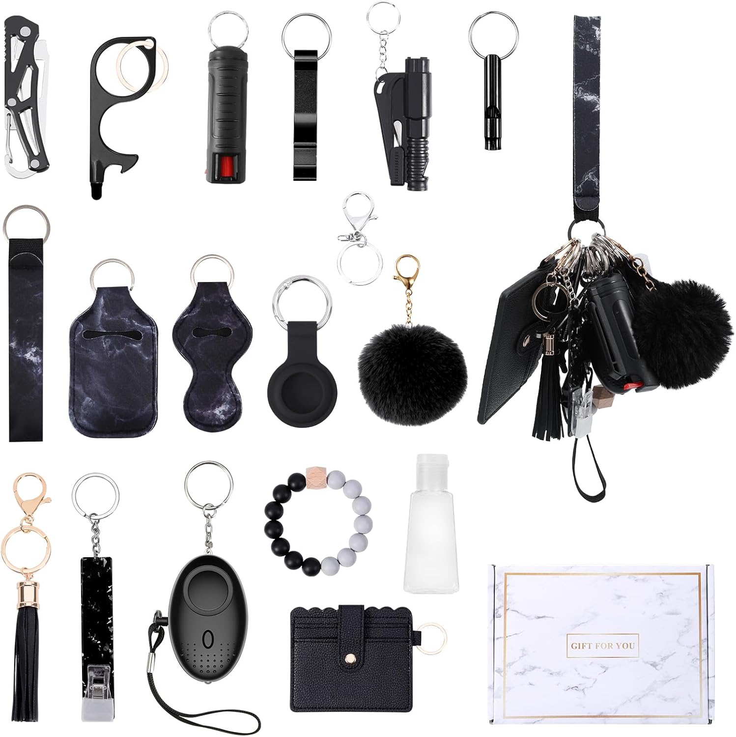 AMIR Safety Keychain Set for Women, Wristlet Strap Keychain with Personal Alarm and Pom Pom Accessories Kit for Women Girls