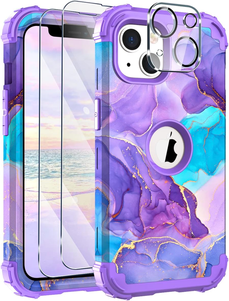 Hocase for iPhone 13 Case, with 2pcs Screen Protectors and 1pc Camera Protector, Shockproof Heavy Duty Soft Silicone Rubber+Hard PC Hybrid Protective Case for iPhone 13 (6.1") 2021 - Purple Meets Blue