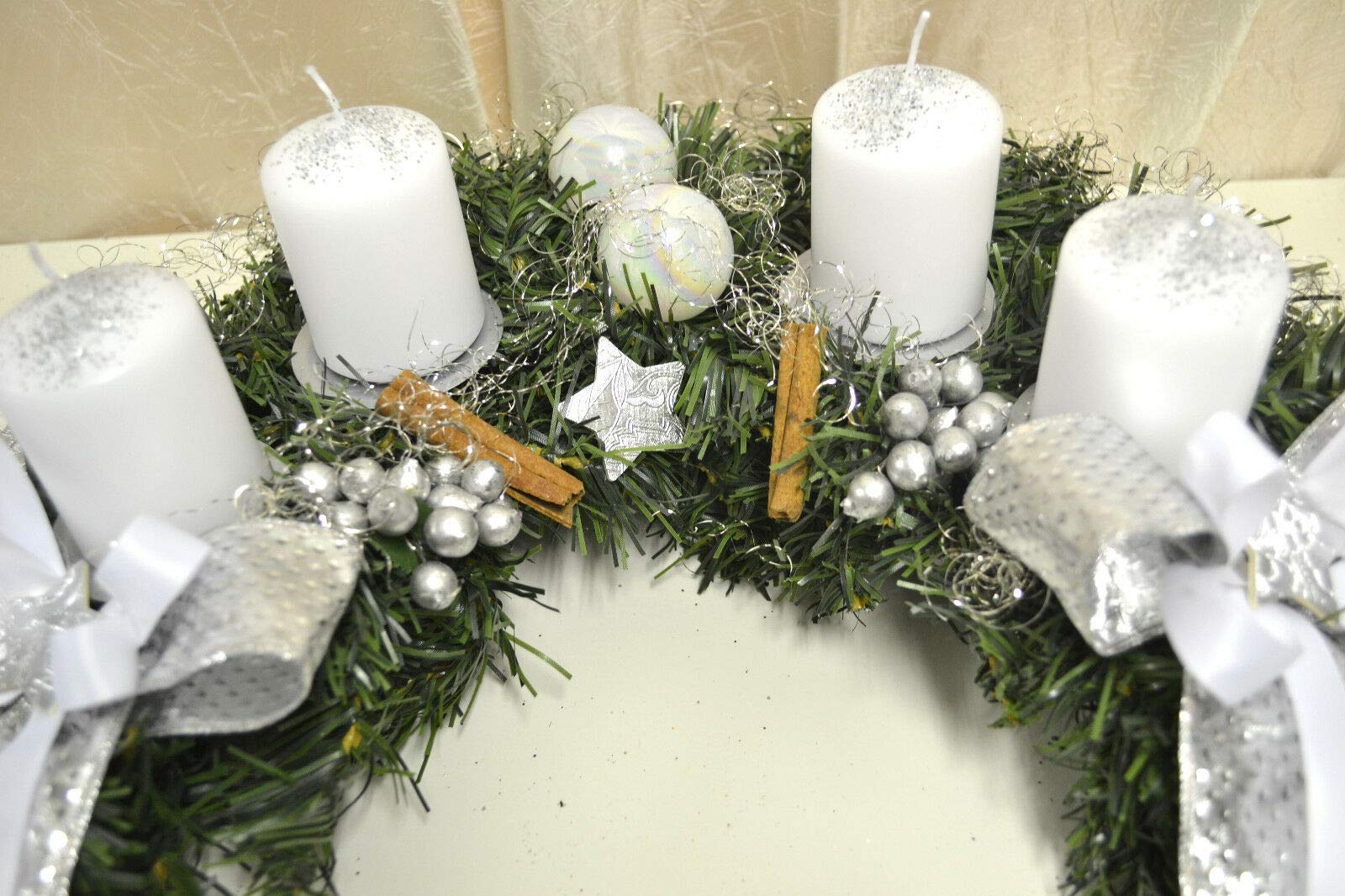 Adventskranz Halbmond künstlich Silber weiß Weihnachten Advent Gesteck