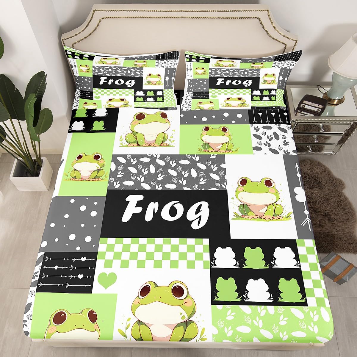 Feelingyou Black Gray Green Lovely Frog Bed Sheet Set Cartoon Nature Wild Animal Silhouette Sheet Sets Deep Pocket(No Flat Sheet),Geometric Green Gray Black Plaids Patchwork Mattress Cover,Single With 1 Pillowcase