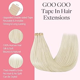 GOO GOO Tape in Hair Extensions Human Hair, 60A Platinum Blonde, 18inch 50g 20pcs, Skin Weft Seamless Invisible, Silky Straight with Thick Ends, Remy Human Hair