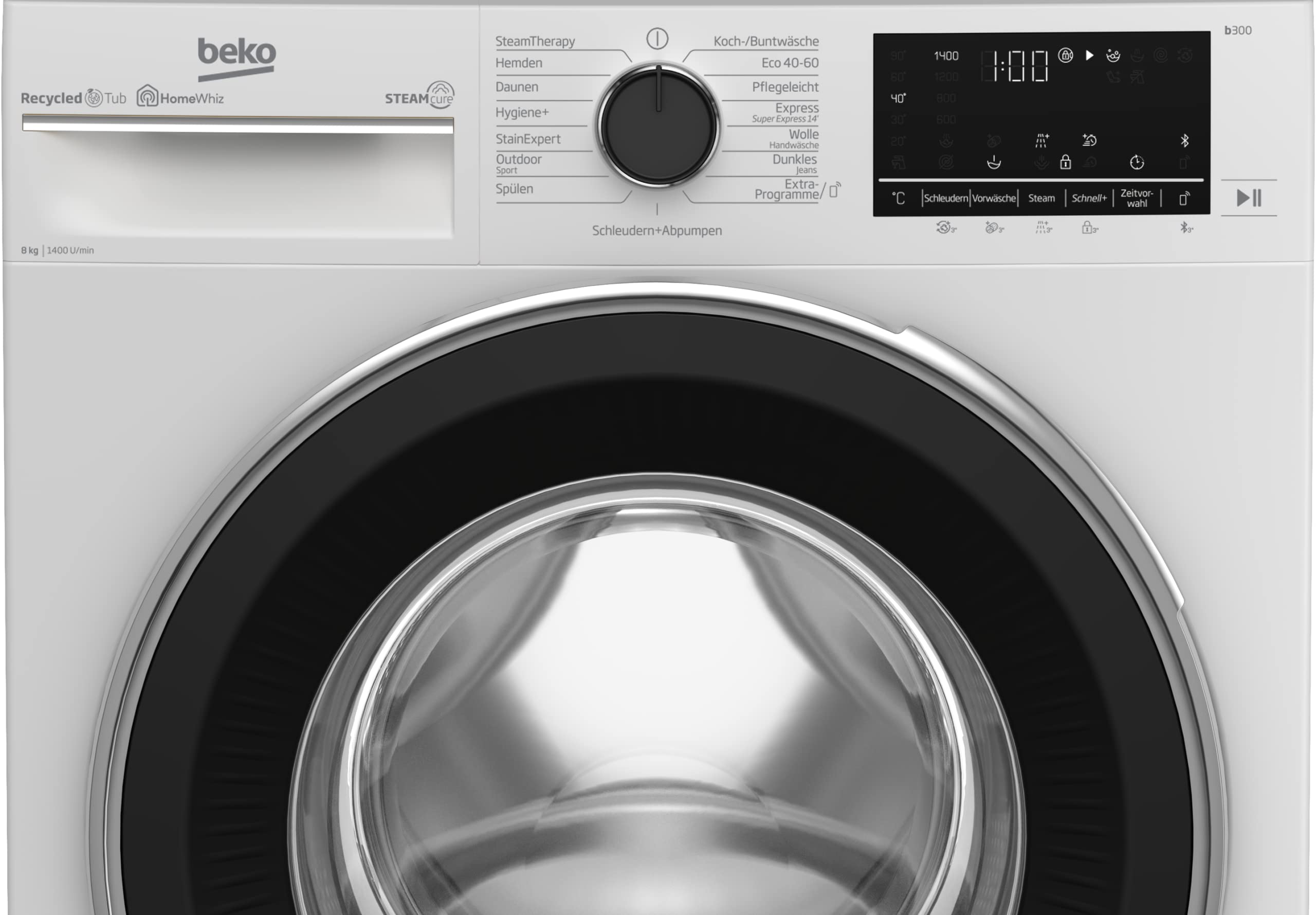 Beko B5WFU58415W b300 Waschvollautomat, Waschmaschine, 8 kg, 1400 U/min, Nachlegefunktion, SteamCure Dampffunktion, allergikergeeignet, AquaWave Schontrommel, Bluetooth-Steuerung, Weiß