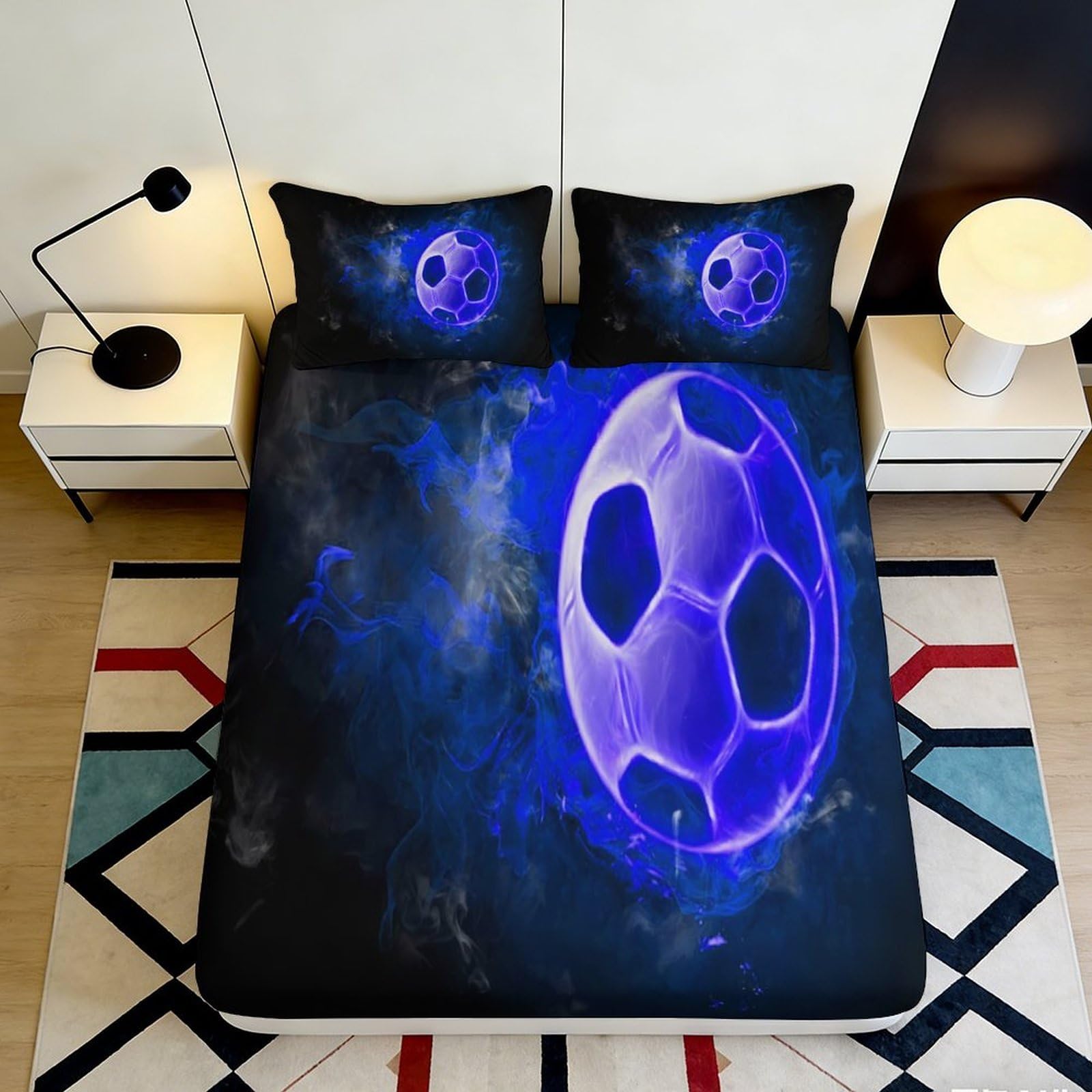 3D Printed Blue Soccer Fitted Sheet Microfiber Soft Breathable Cosmic Ball Mattress Cover for Bedroom Dorm Decor 90x200x25cm