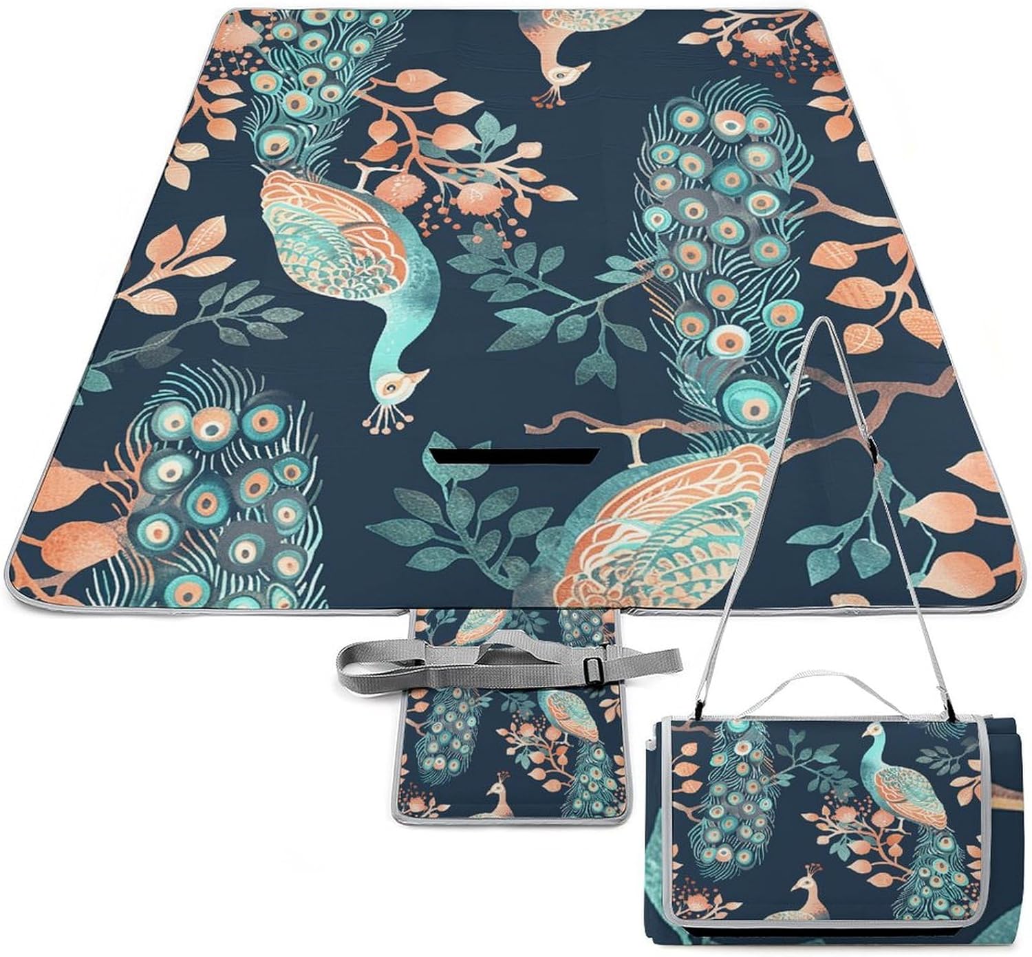 Outdoor Picnic Blanket Extra Large Beach Blanket Waterproof Picnic Mat Peacock Blue Pattern Camping Blanket Portable with Carry Strap Park Blanket for Grass Camping Park