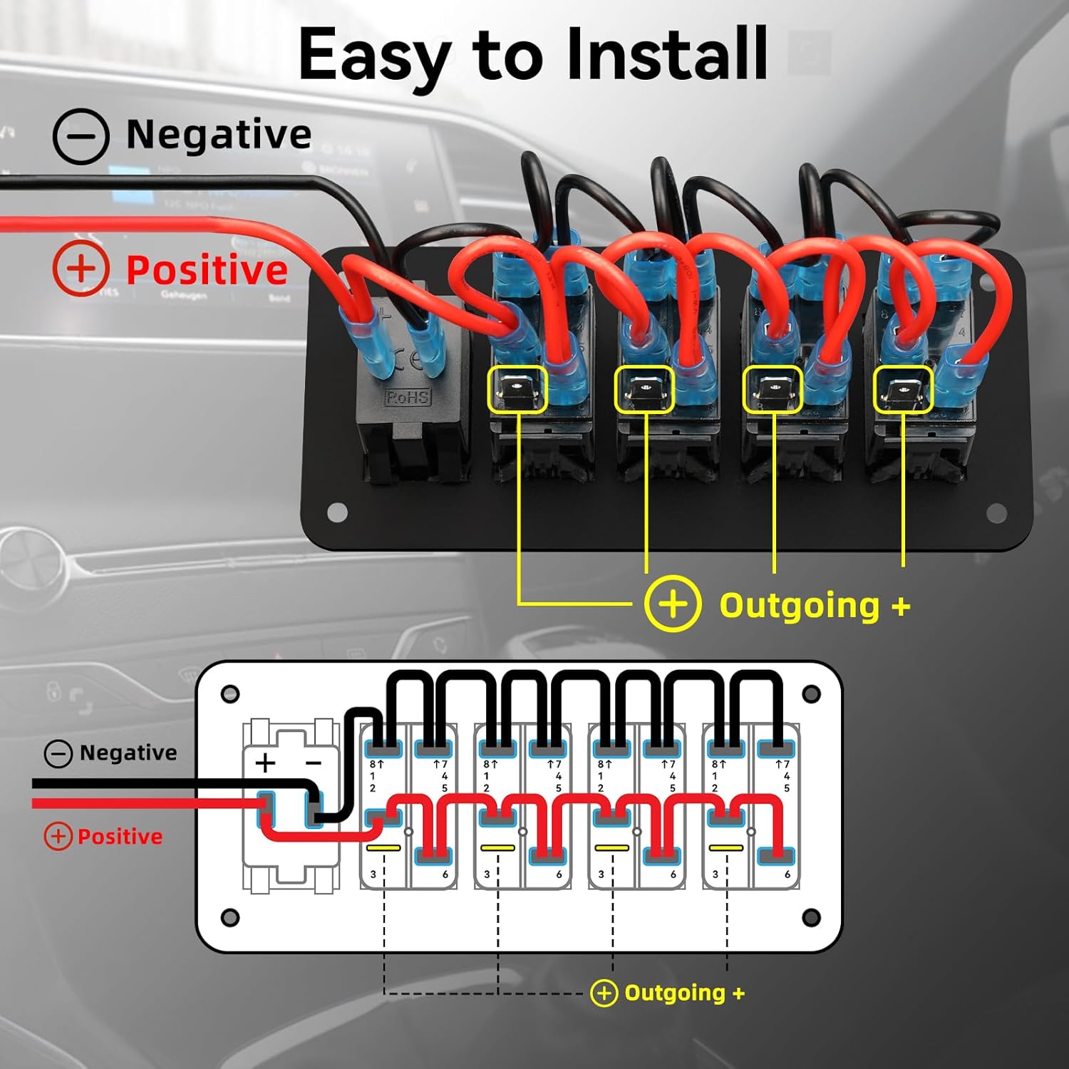 4 Gang Aluminum Rocker Switch Panel, IP68 Waterproof SPST ON/Off Charger Socket with 12-24V Blue LED Voltmeter,PD Type C and QC3.0 USB Fast Charging with DIY Stickers for Boat Car RV Truck