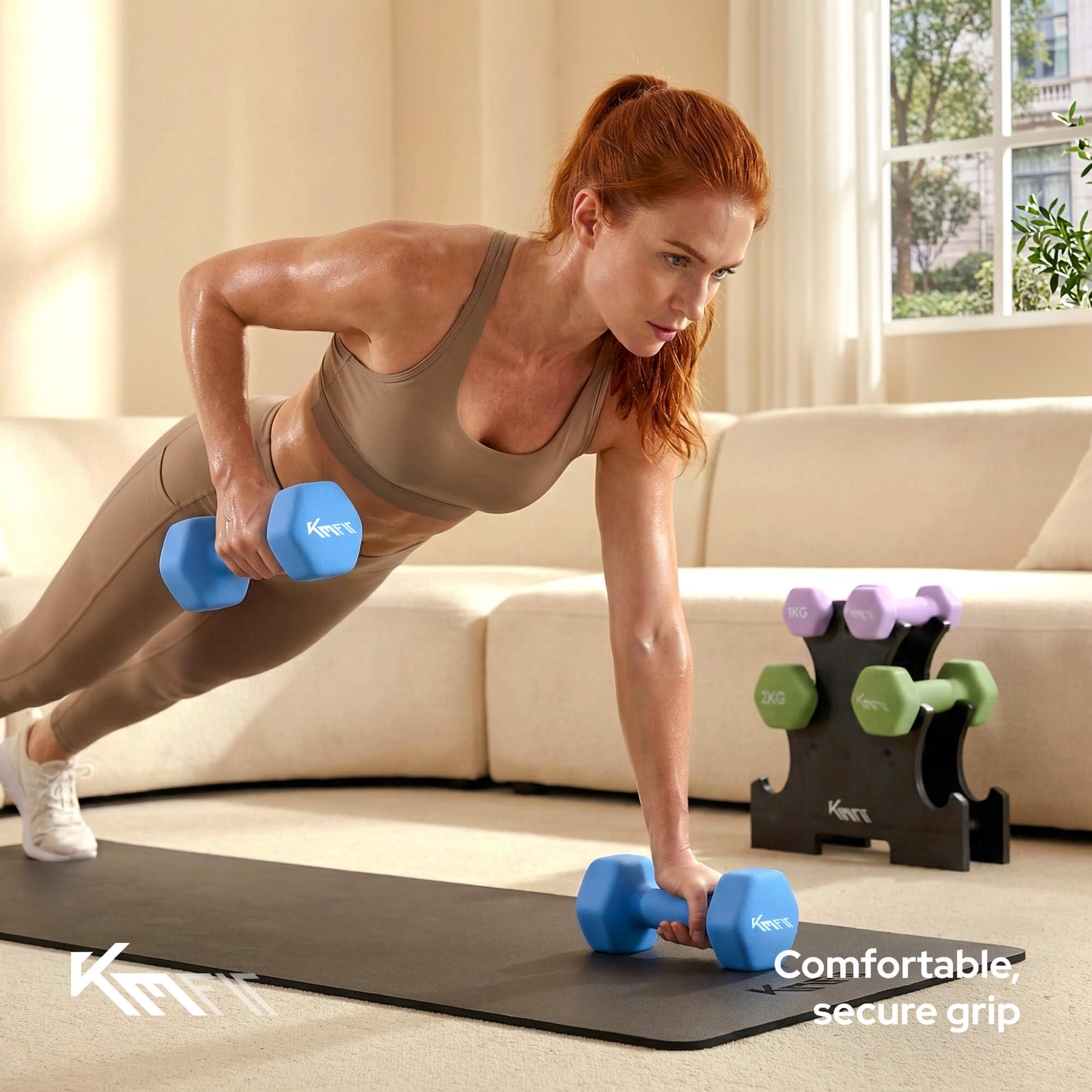 KM-Fit zestaw hantli 12 kg ze stojakiem | Hantle neoprenowe 1–3 kg | Żeliwo z ergonomicznym uchwytem | Odporne na toczenie | Fitness i trening siłowy w domu