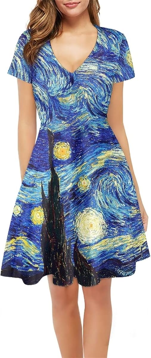 Xpyiqun Women Summer Dress A-line Party Dance Dresses 1/4 Sleeve T-shirt Dress