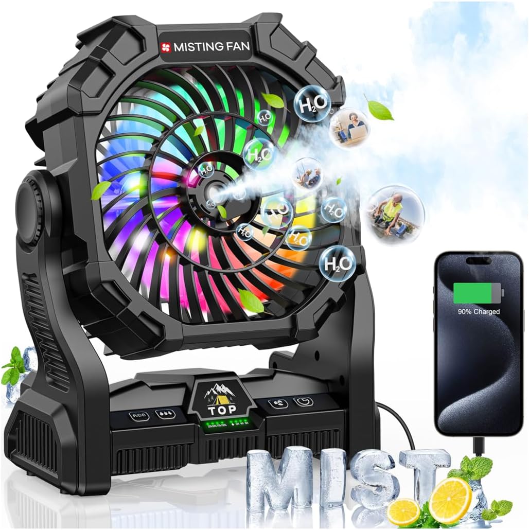 Misting Fan Portable with RGB Lantern, 30000 mAh Rechargeable Camping Mist Fan with Emergency Battery Power Bank Hurricane Supplies, Perfect Cooling Mister for Outdoor Travel