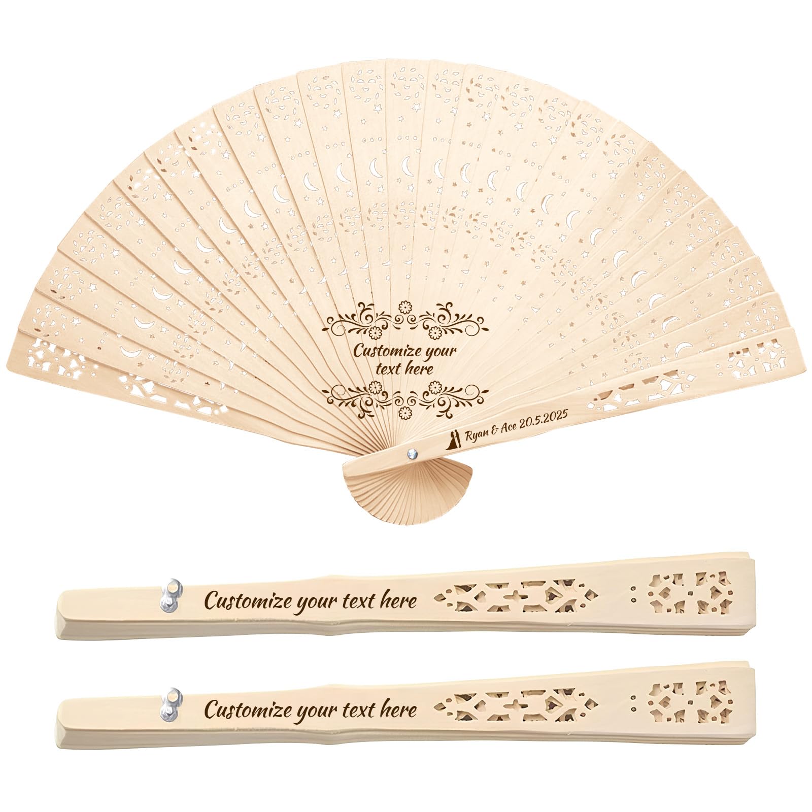XSTZR 10Pcs personalized wedding fans, custom handheld fans, wedding fans, unique bridal shower party favors, handmade wooden fans for guests (Star and moon wooden fan)