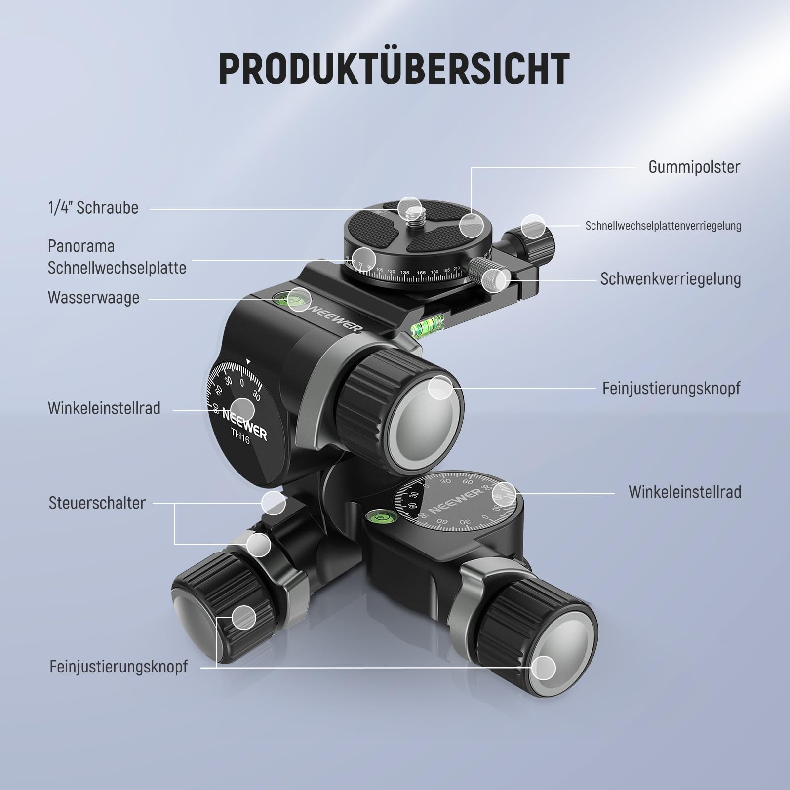 Neewer 3 Wege Neiger Stativkopf mit 360° Schwenk Arca QR Platte – Bild 9