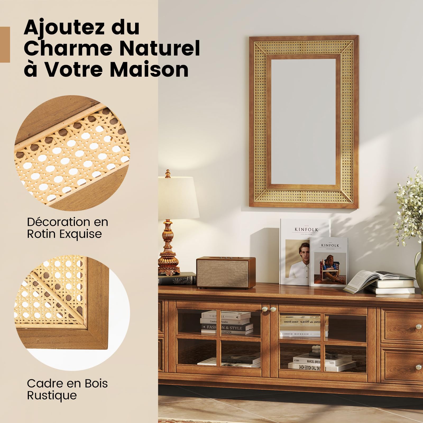 COSTWAY Miroir Mural en Rotin, Miroir Rectangulaire 90 x 60 cm, Cadre en Bois, Verre en Aluminium, Crochets et Vis d'Expansion, Miroir Decoration Murale pour Salon Chambre Entrée, Vertical/Horizontal