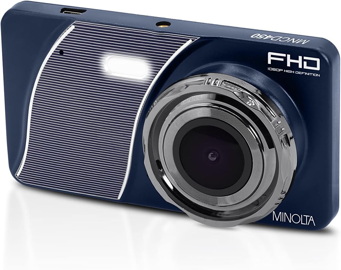 Minolta Dash Cam – 1080p Full HD Car Camera with 4.0” LCD Monitor, 120° Wide Angle Lens, G-Sensor, Emergency Recording, Loop Video, USB Power, 12MP Photos, Parking Monitor (Blue)