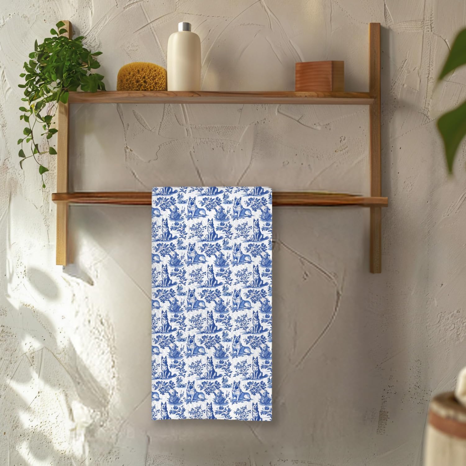 Chicimln Chinoiserie German Shepherd Kitchen Towels, German Shepherd Gifts Decorative Hand Towels for Bathroom, Blue and White Dog Dish Tea Towel Drying Cloth for Kitchen Decor, 16x24 Inch - Image 6
