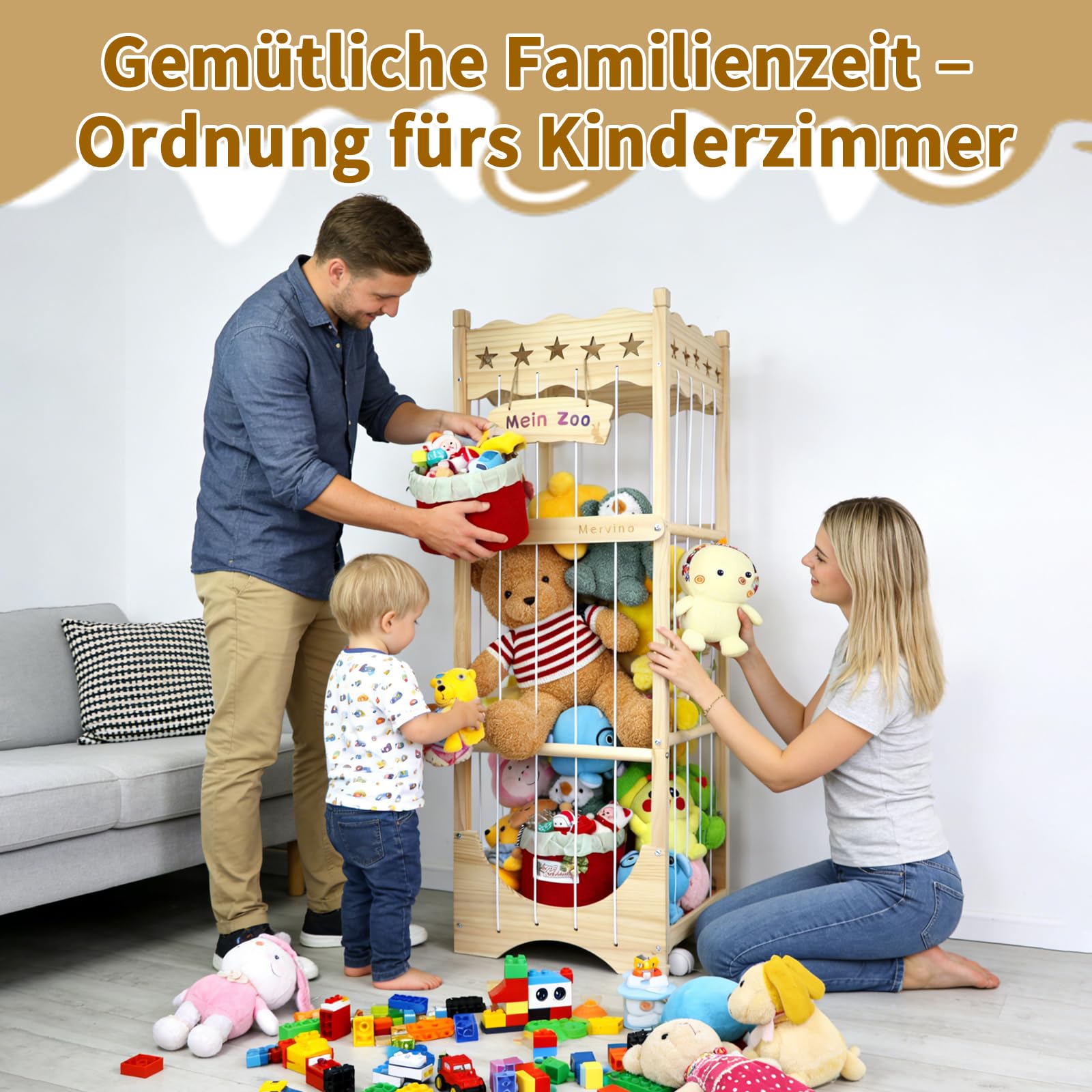 Mervino Holz Kuscheltier Aufbewahrung, mit Gummis & Rollen | Stofftier Aufbewahrung für Kinderzimmer & Spielzimmer, mit Gummis & Rollen, Massivholz, platzsparend