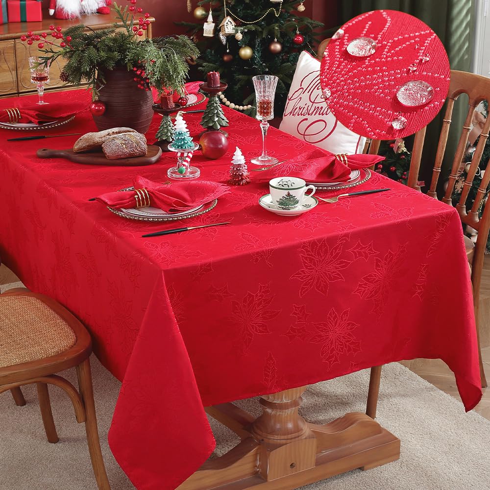 Jacquard Christmas Tablecloth Rectangle 152 x 213 CM, Waterproof Oil Proof Anti-Shrink Holly Leaves Damask Xmas Table Cloth